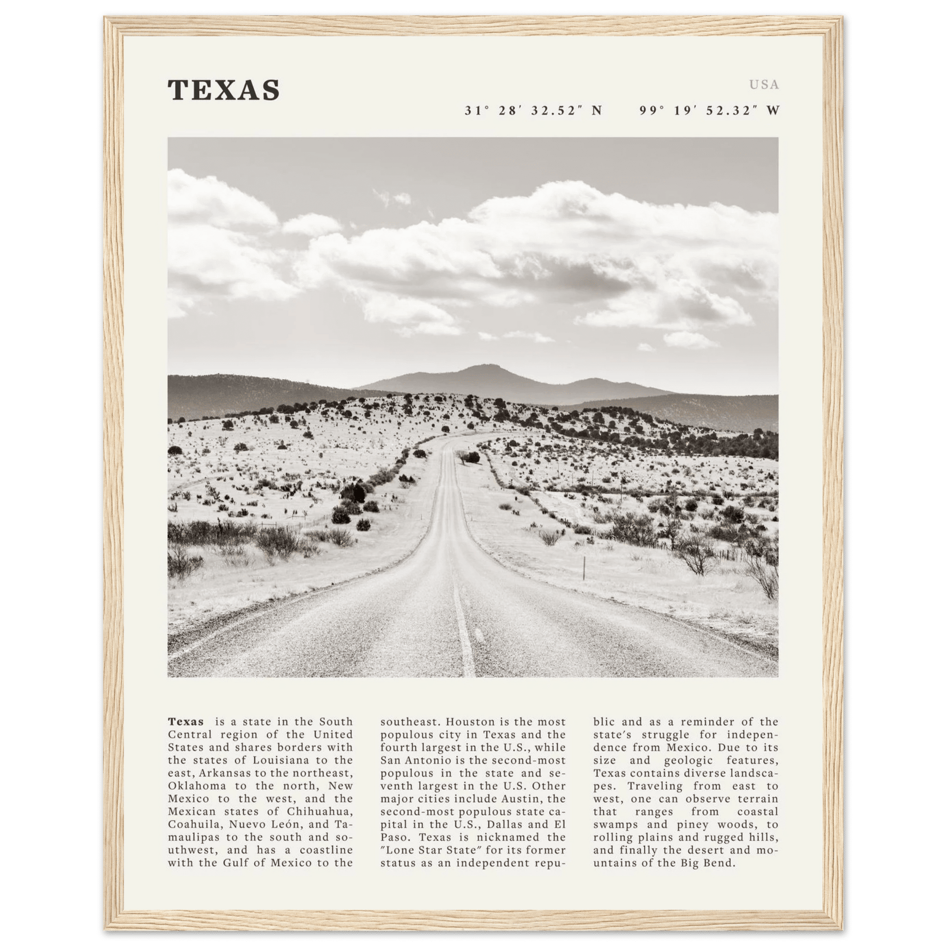 Texas Poster | Black & White Lone Star Road Wall Art | USA Travel Print Decor - Evergreen Posters