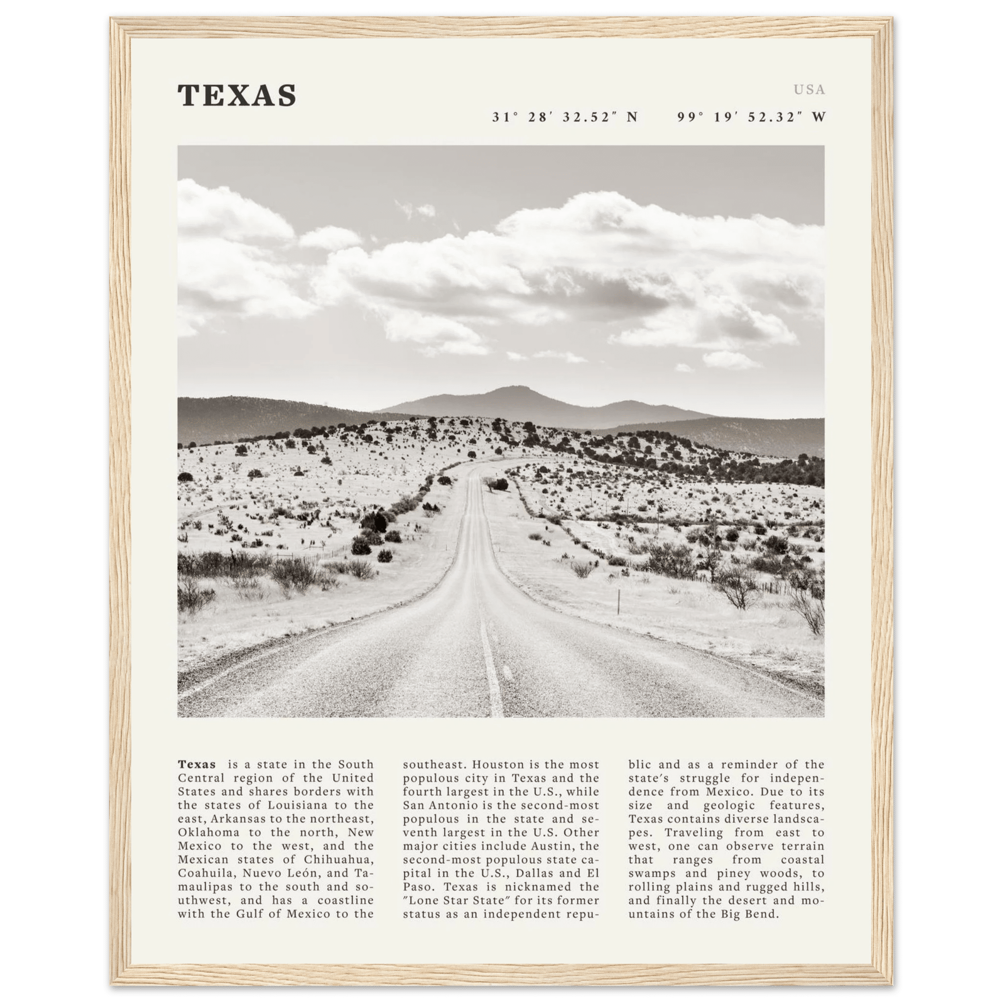 Texas Poster | Black & White Lone Star Road Wall Art | USA Travel Print Decor - Evergreen Posters