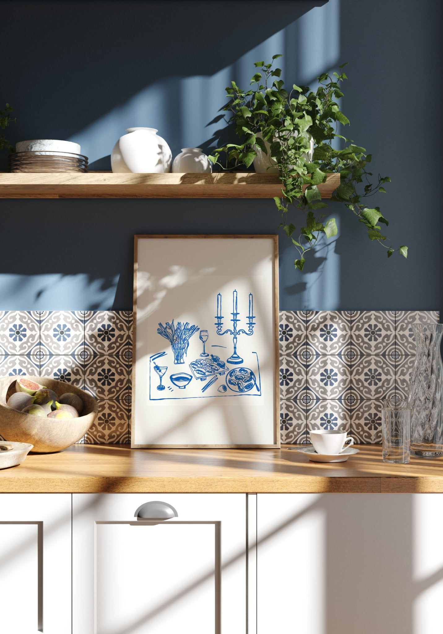 Fine Dining Table Print | Blue Line Art Kitchen Wall Art | Elegant Dining Room Poster - Evergreen Posters