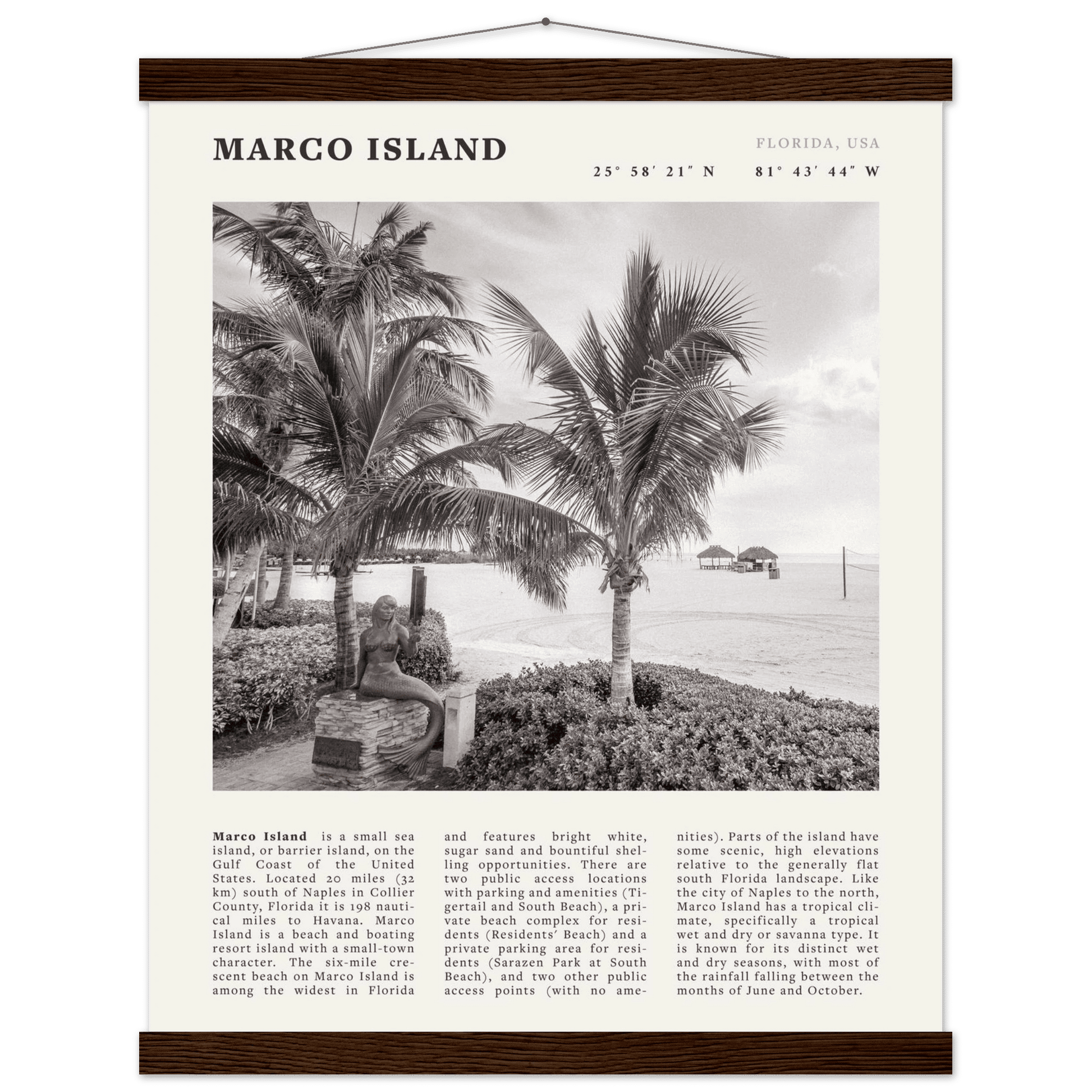 Marco Island Poster | Black & White Florida Beach Wall Art | Coastal Travel Print - Evergreen Posters