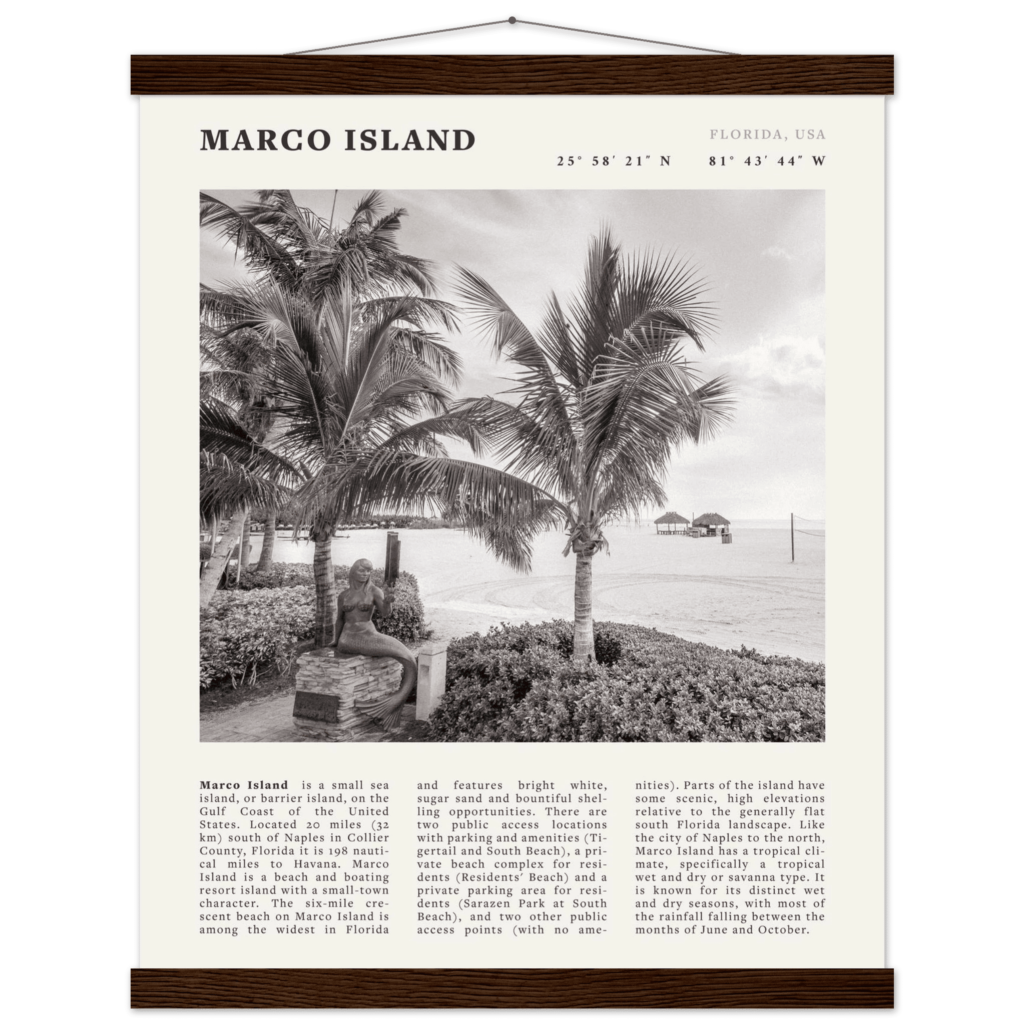 Marco Island Poster | Black & White Florida Beach Wall Art | Coastal Travel Print - Evergreen Posters