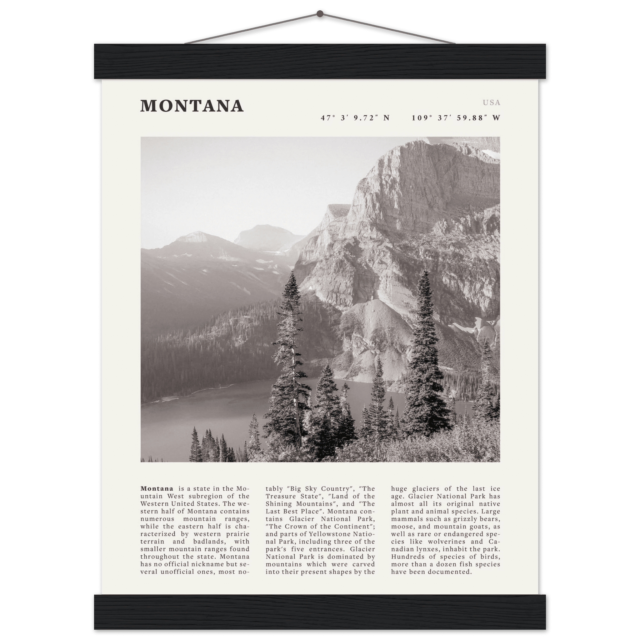 Montana Poster | Black & White Glacier National Park Wall Art | Nature Travel Print - Evergreen Posters