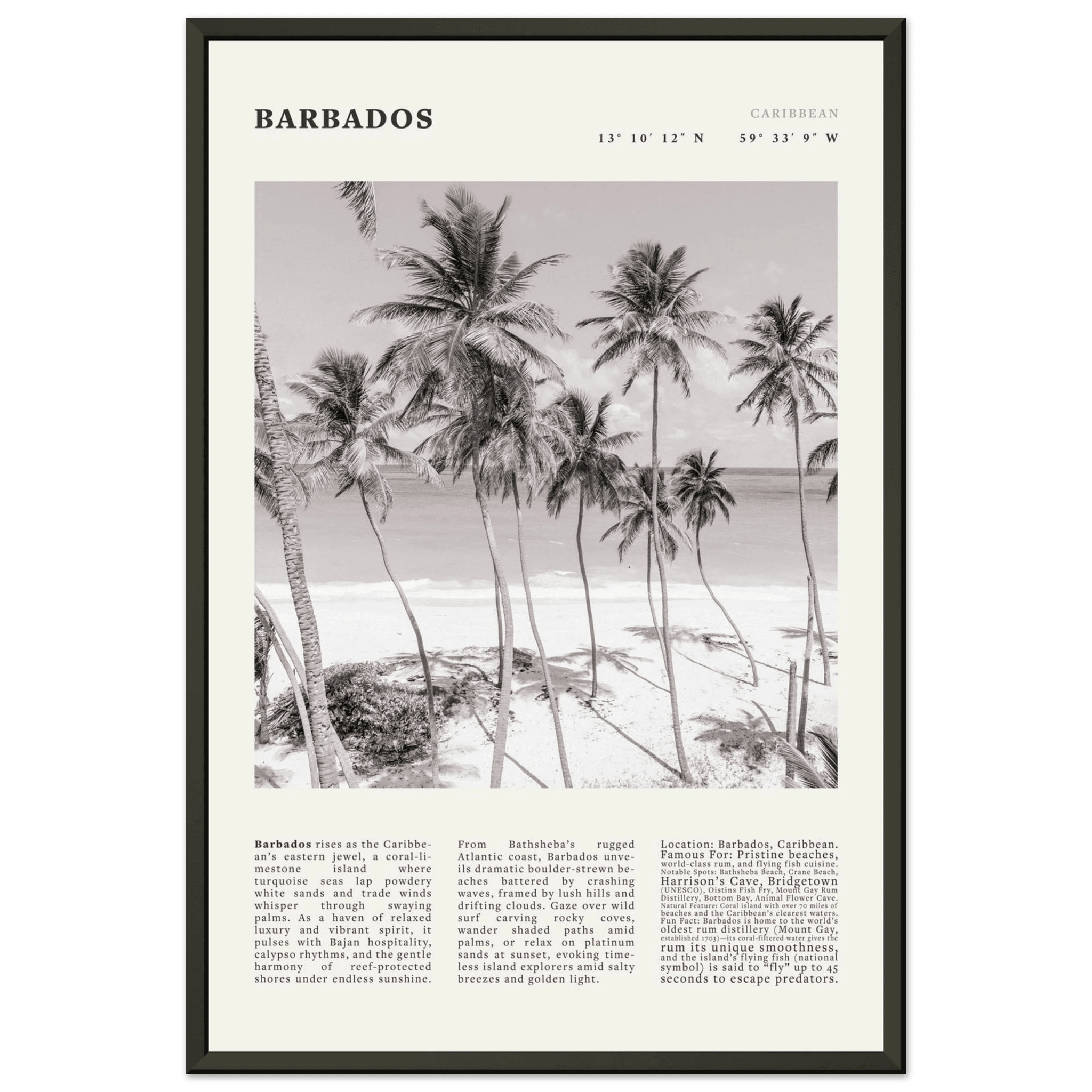Barbados Poster Black and White – Vintage Caribbean Palm Beach Print (Digital & Printed Options) - Evergreen Posters