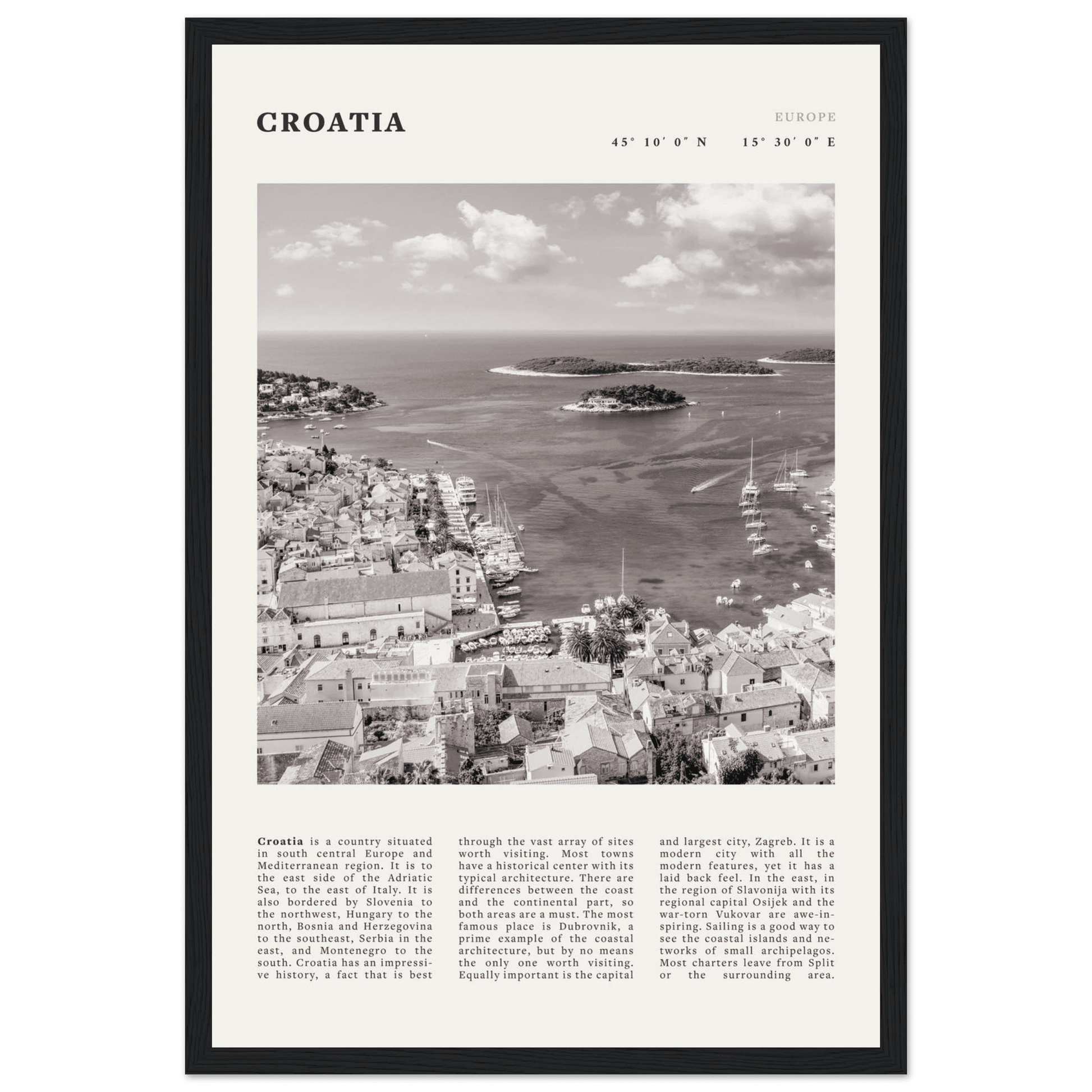 Croatia Poster | Black & White Hvar Island Wall Art | Adriatic Travel Print Decor - Evergreen Posters