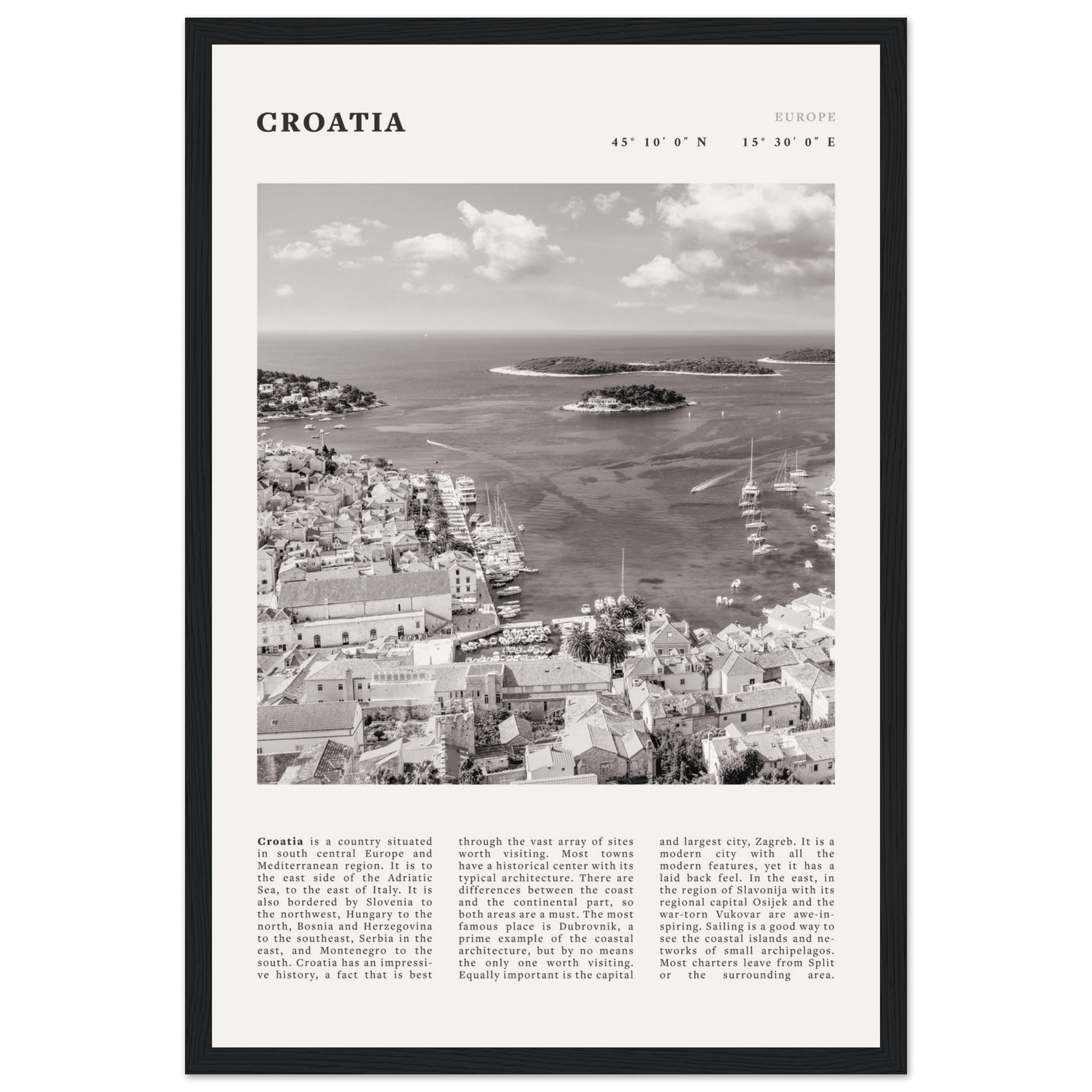 Croatia Poster | Black & White Hvar Island Wall Art | Adriatic Travel Print Decor - Evergreen Posters