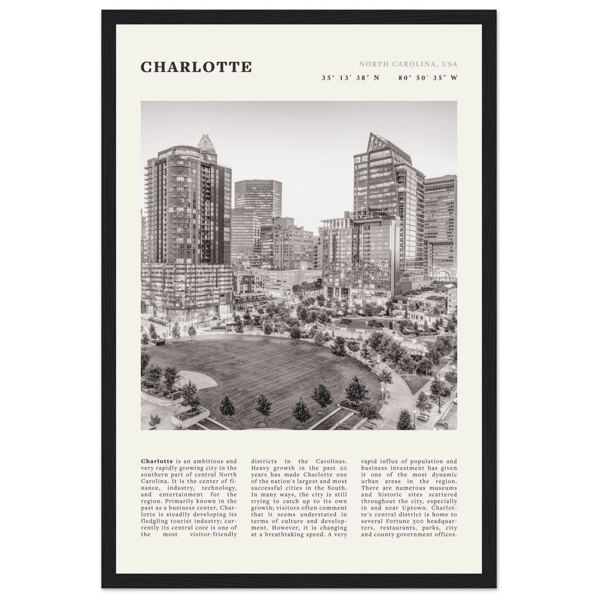 Charlotte Poster | Black & White North Carolina Skyline Wall Art | NC Travel Print - Evergreen Posters