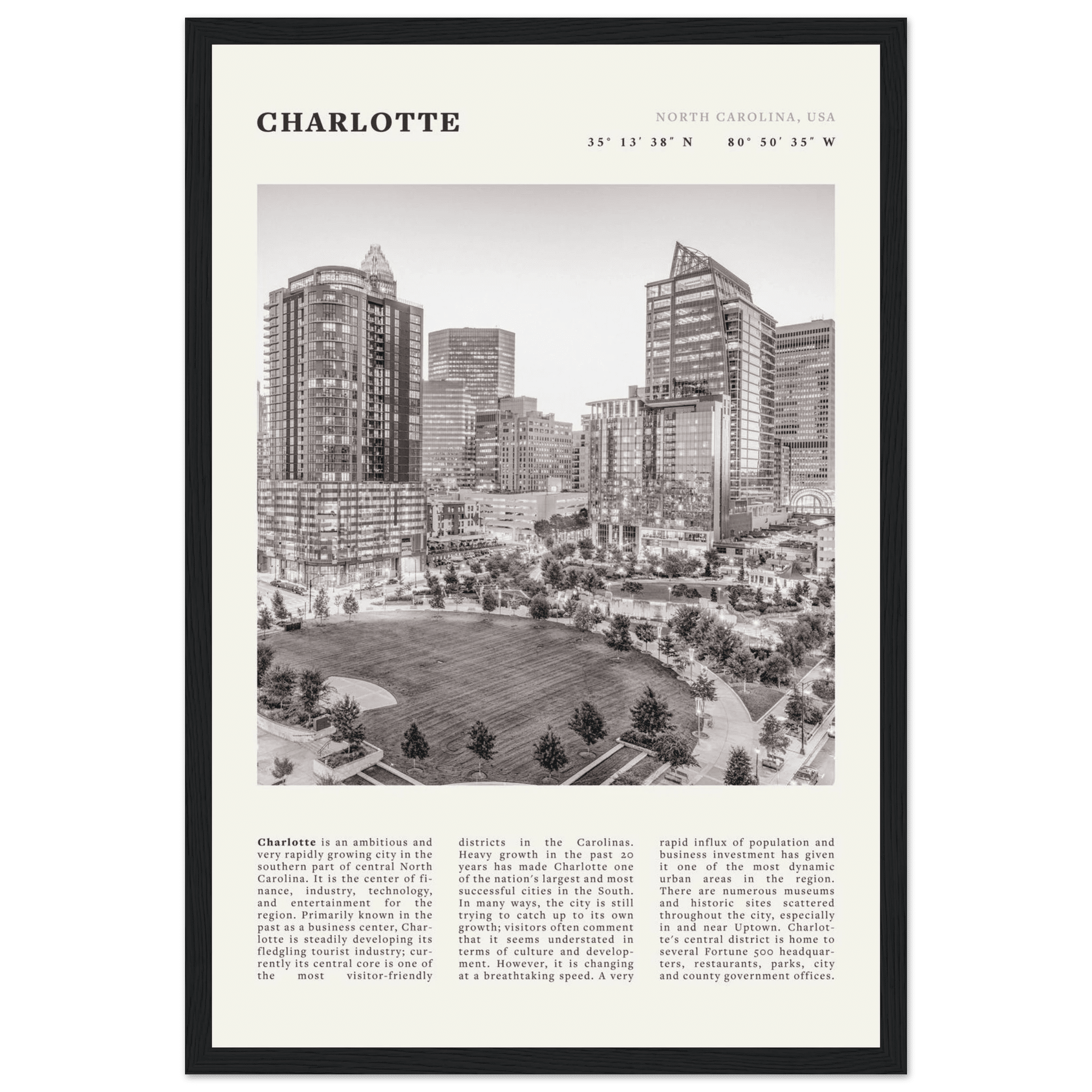 Charlotte Poster | Black & White North Carolina Skyline Wall Art | NC Travel Print - Evergreen Posters