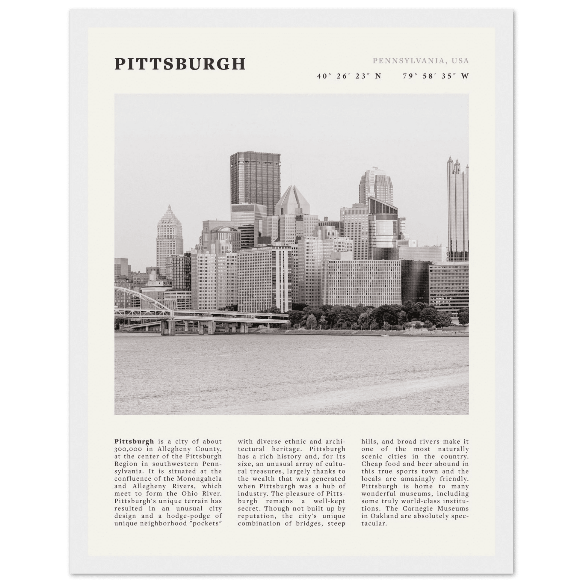 Pittsburgh Poster | Black & White Pennsylvania Skyline Wall Art | PA Travel Print - Evergreen Posters