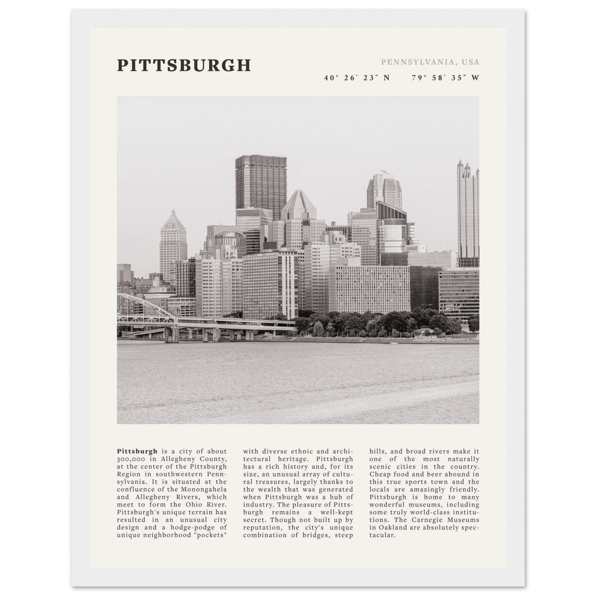 Pittsburgh Poster | Black & White Pennsylvania Skyline Wall Art | PA Travel Print - Evergreen Posters