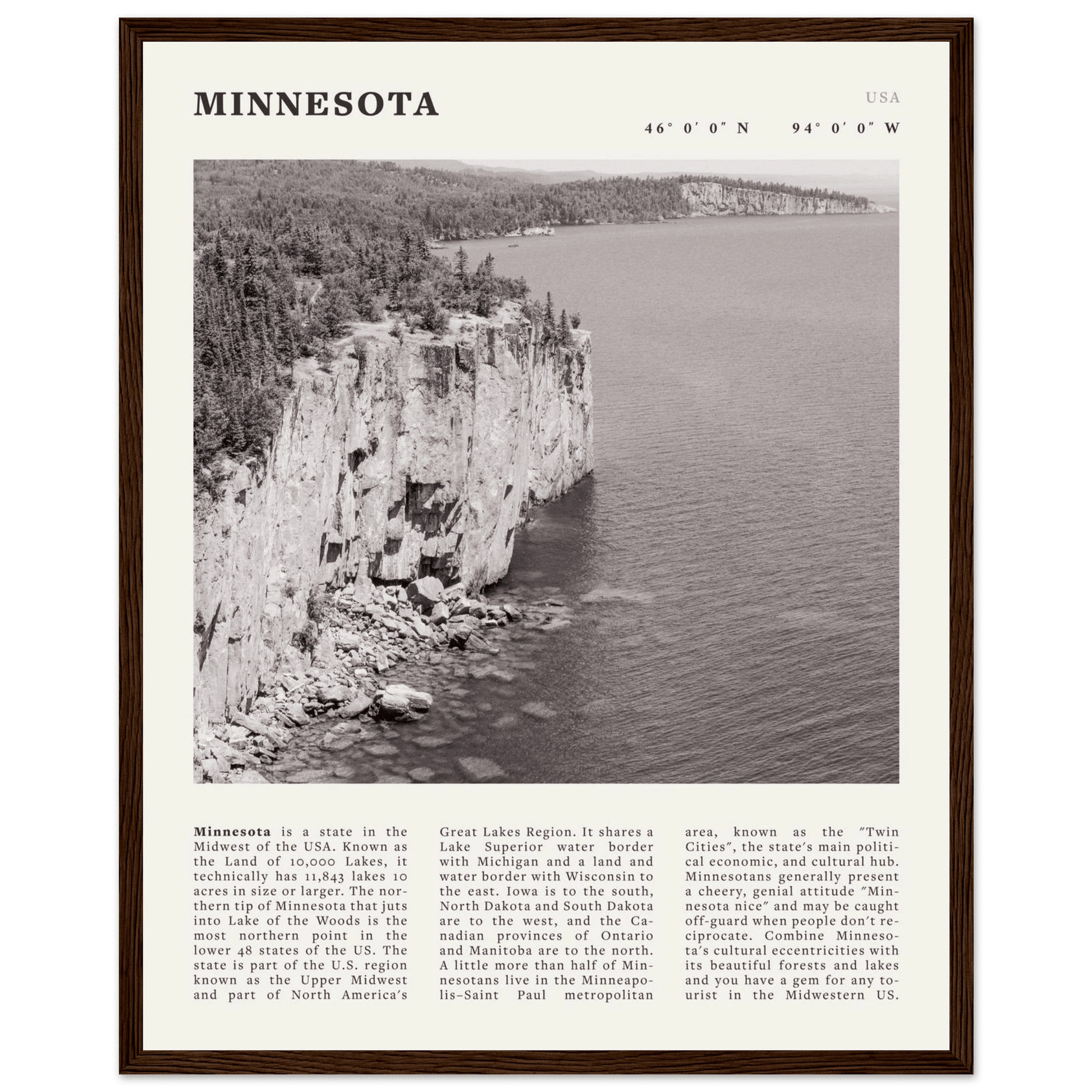 Minnesota Poster | Black & White Lake Superior Wall Art | USA Nature Travel Print - Evergreen Posters