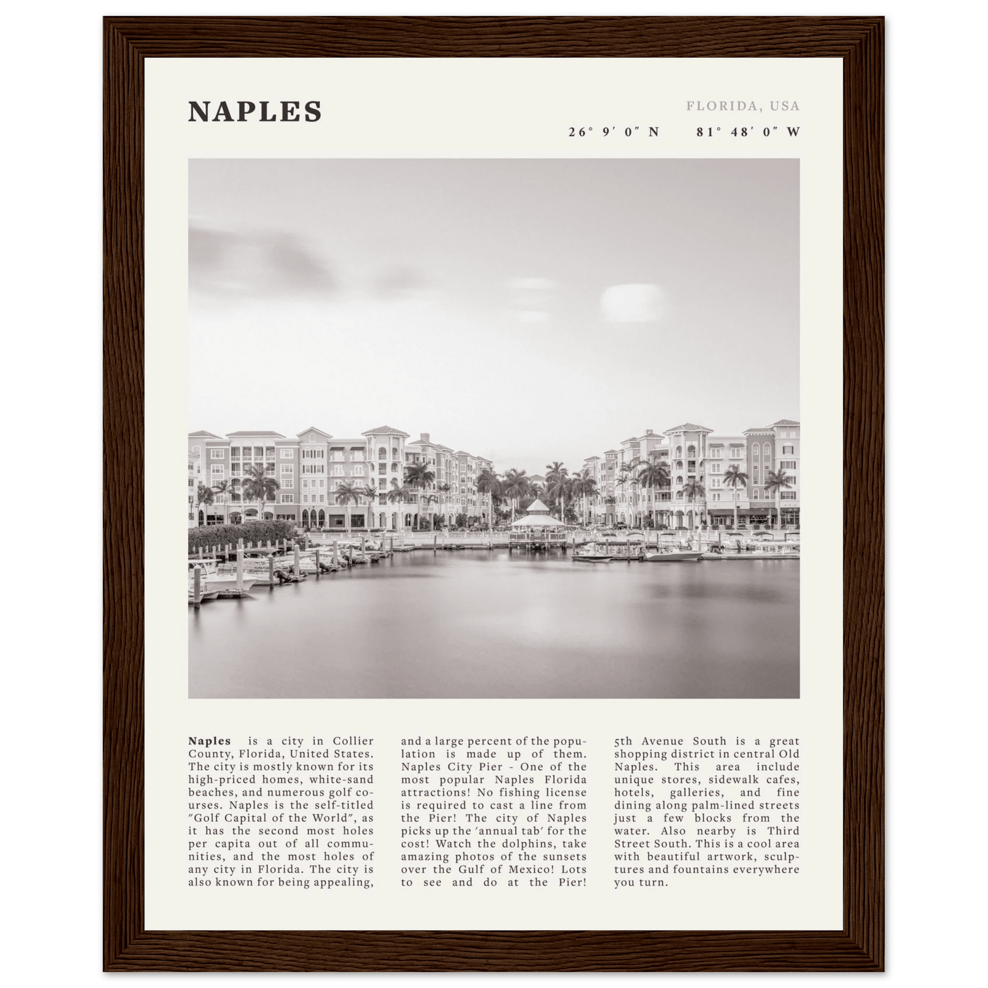 Naples Florida Poster | Black & White Gulf Coast Wall Art | FL Travel Print - Evergreen Posters