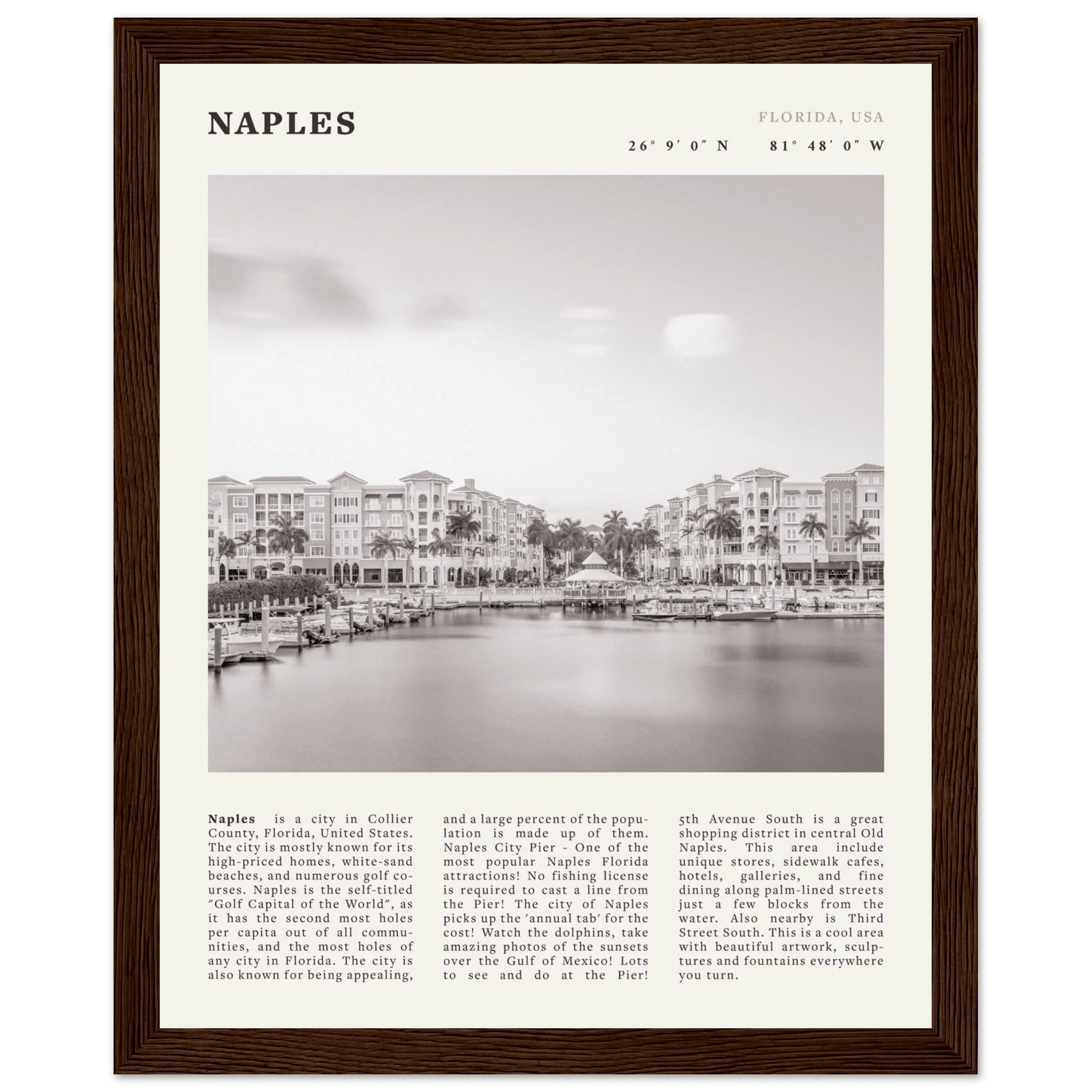 Naples Florida Poster | Black & White Gulf Coast Wall Art | FL Travel Print - Evergreen Posters