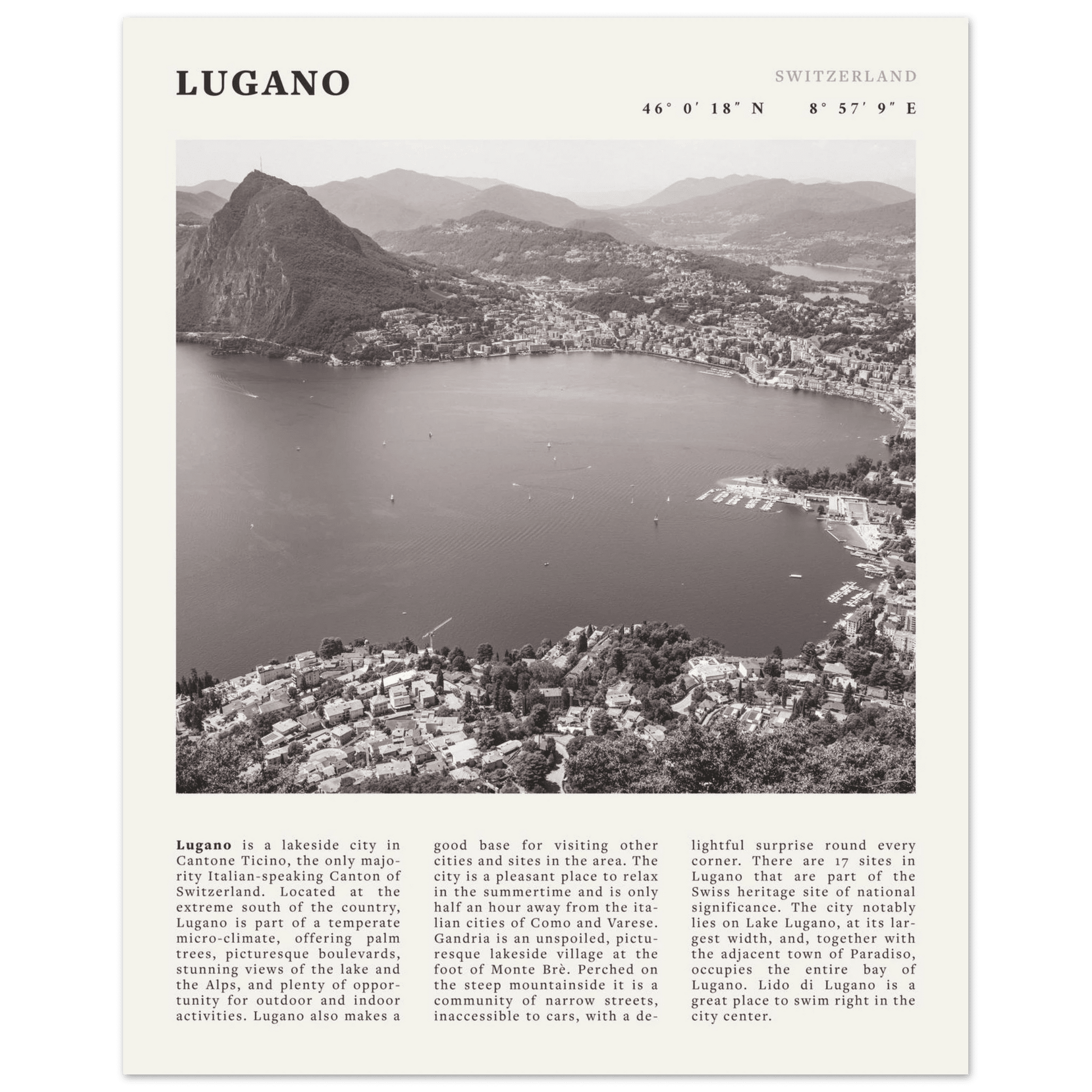Lugano Poster | Black & White Swiss Lake Wall Art | Switzerland Travel Print - Evergreen Posters