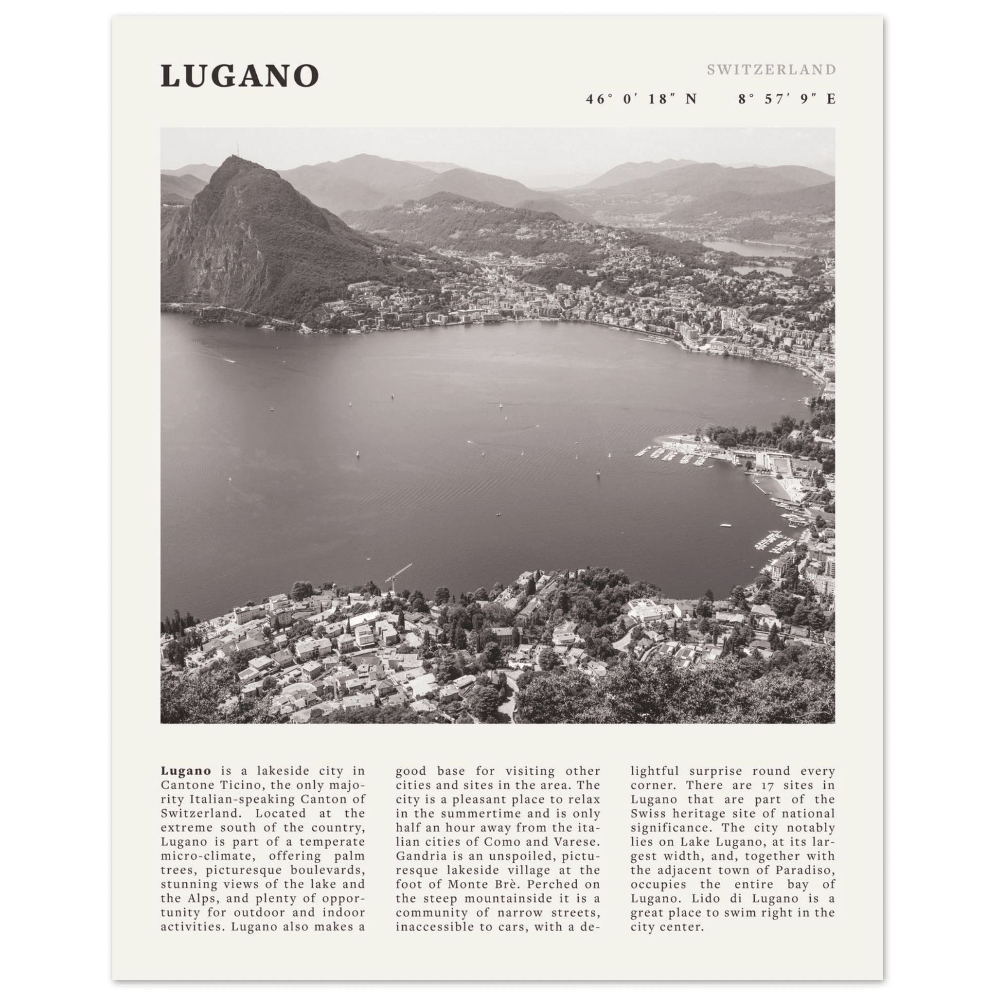 Lugano Poster | Black & White Swiss Lake Wall Art | Switzerland Travel Print - Evergreen Posters