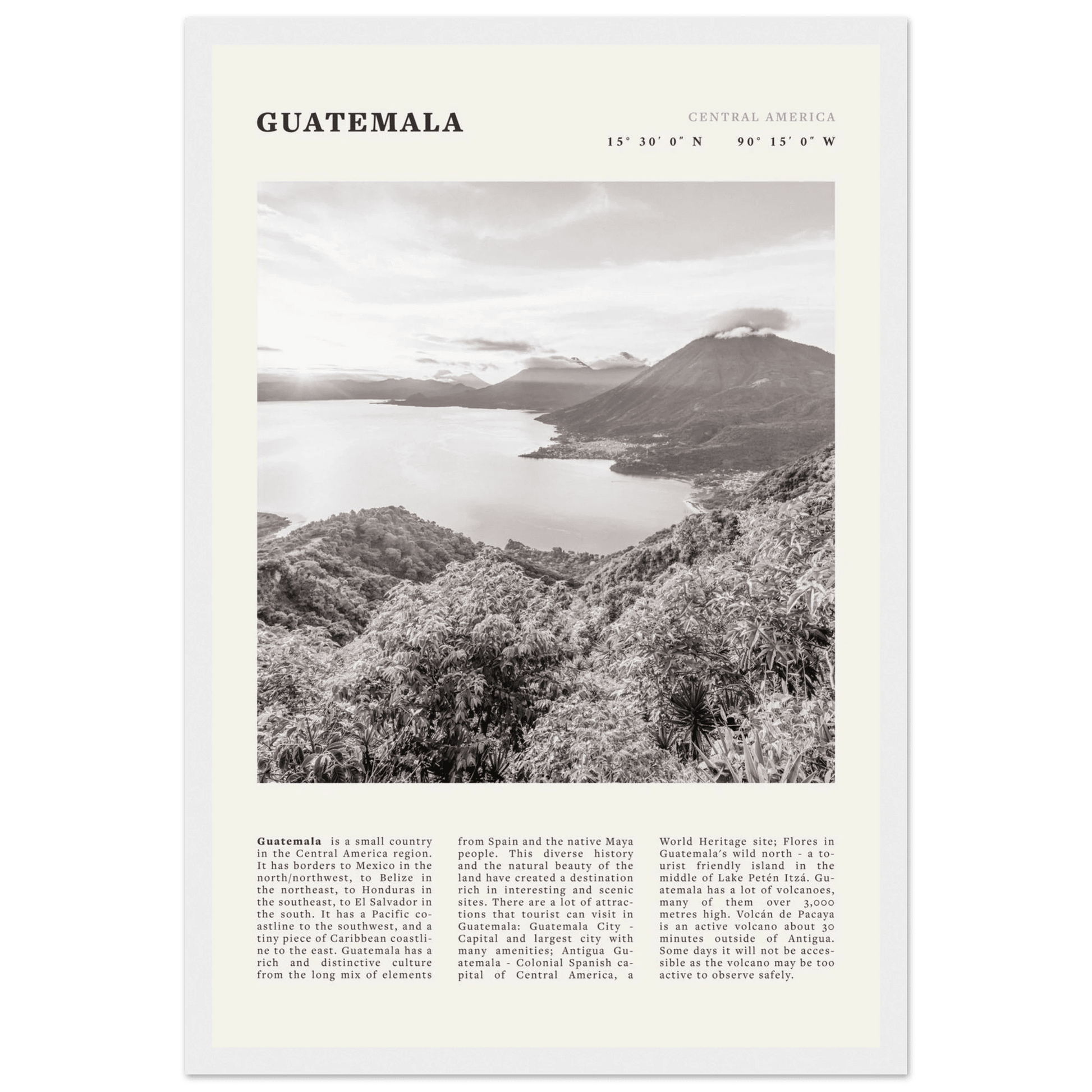Guatemala Poster | Black & White Lake Atitlan Wall Art | Central America Travel Print - Evergreen Posters