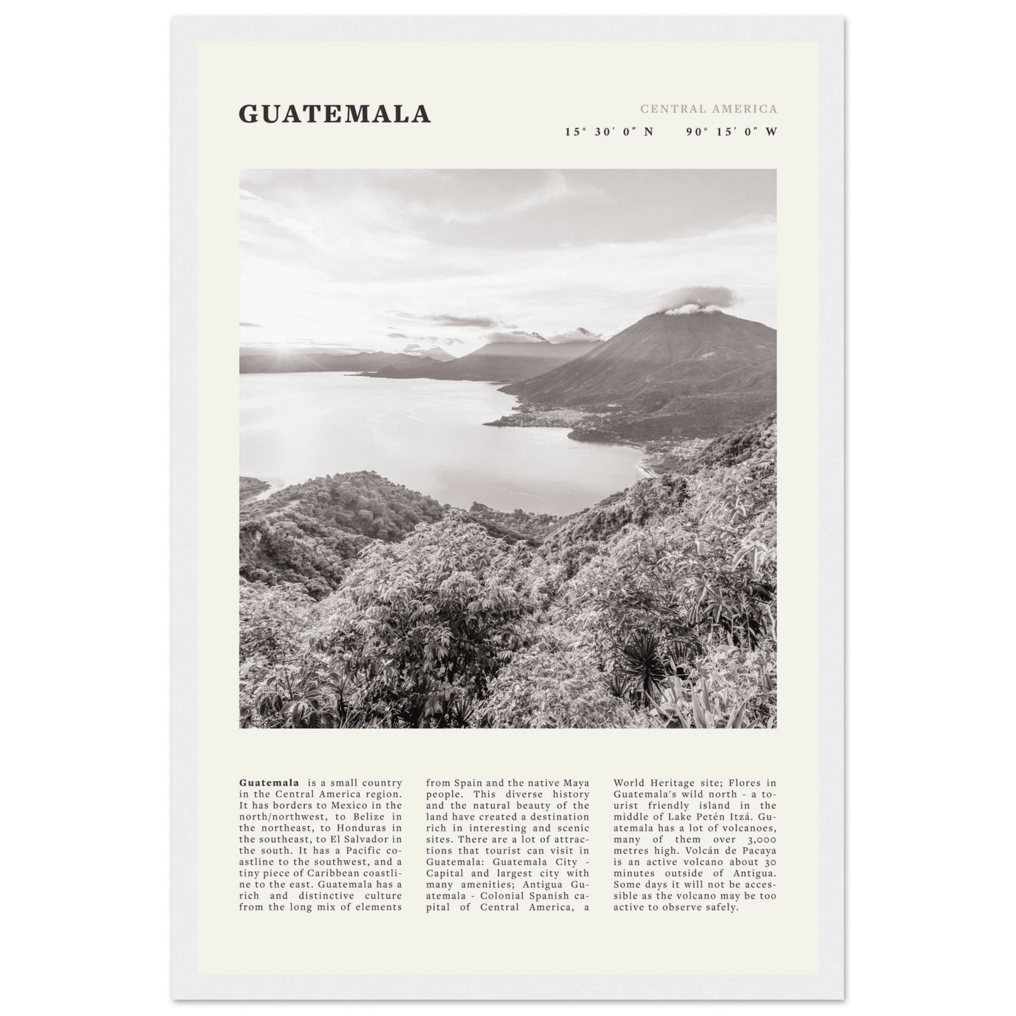 Guatemala Poster | Black & White Lake Atitlan Wall Art | Central America Travel Print - Evergreen Posters