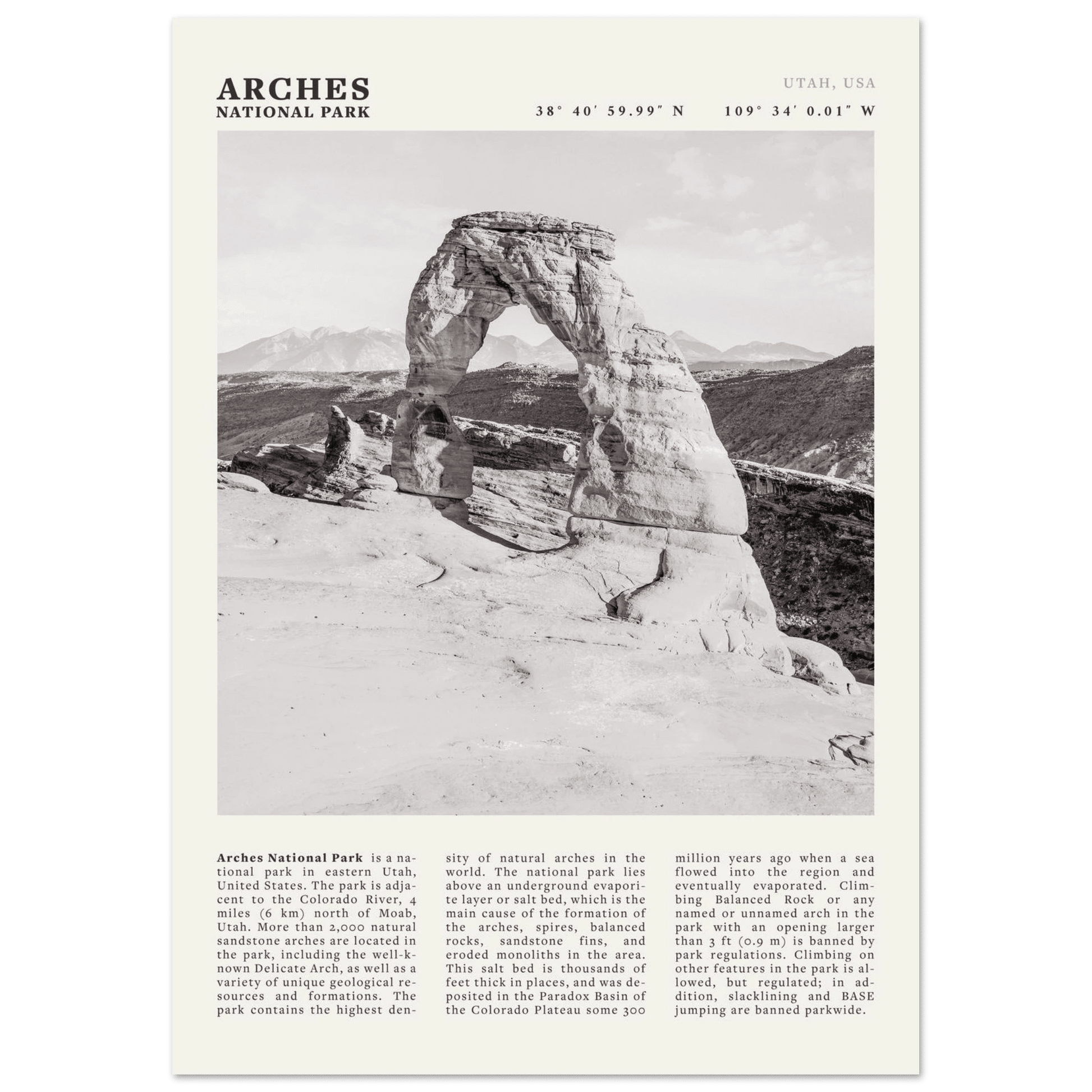 Arches National Park Poster | Black & White Utah Wall Art | Delicate Arch Print - Evergreen Posters