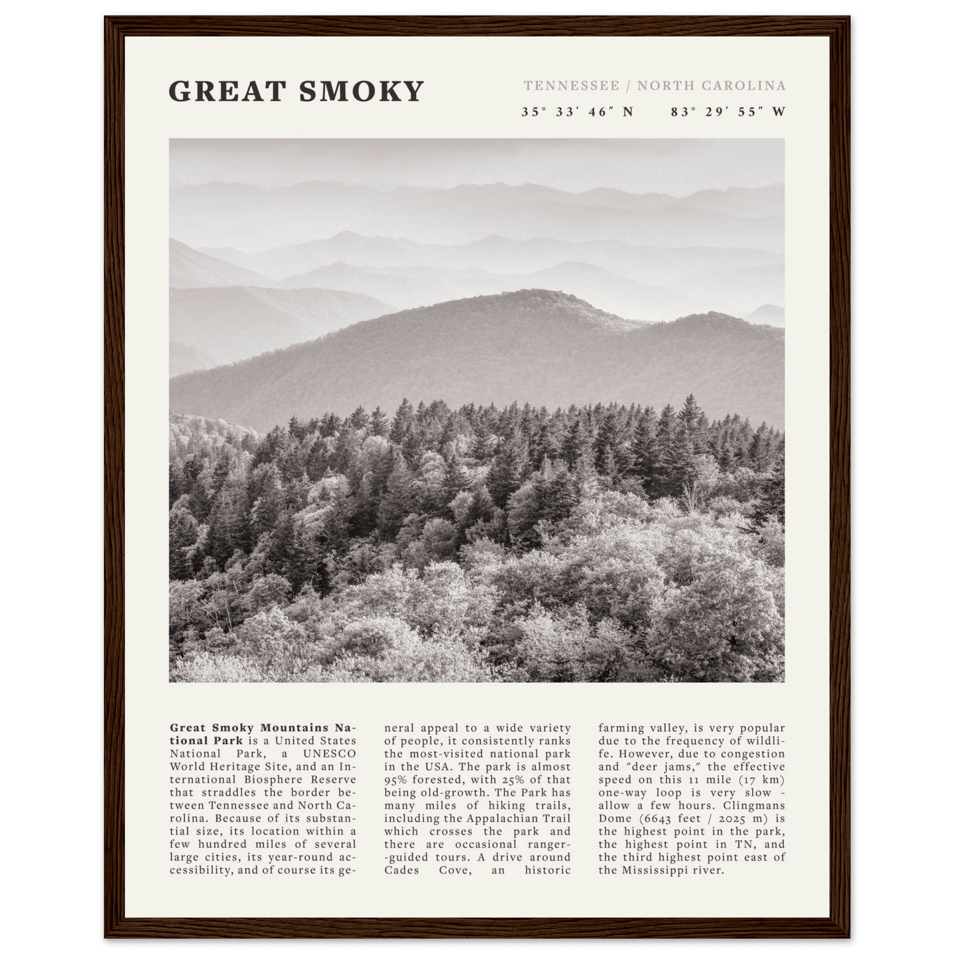 Great Smoky Mountains Poster | Black & White National Park Wall Art | Tennessee Print - Evergreen Posters
