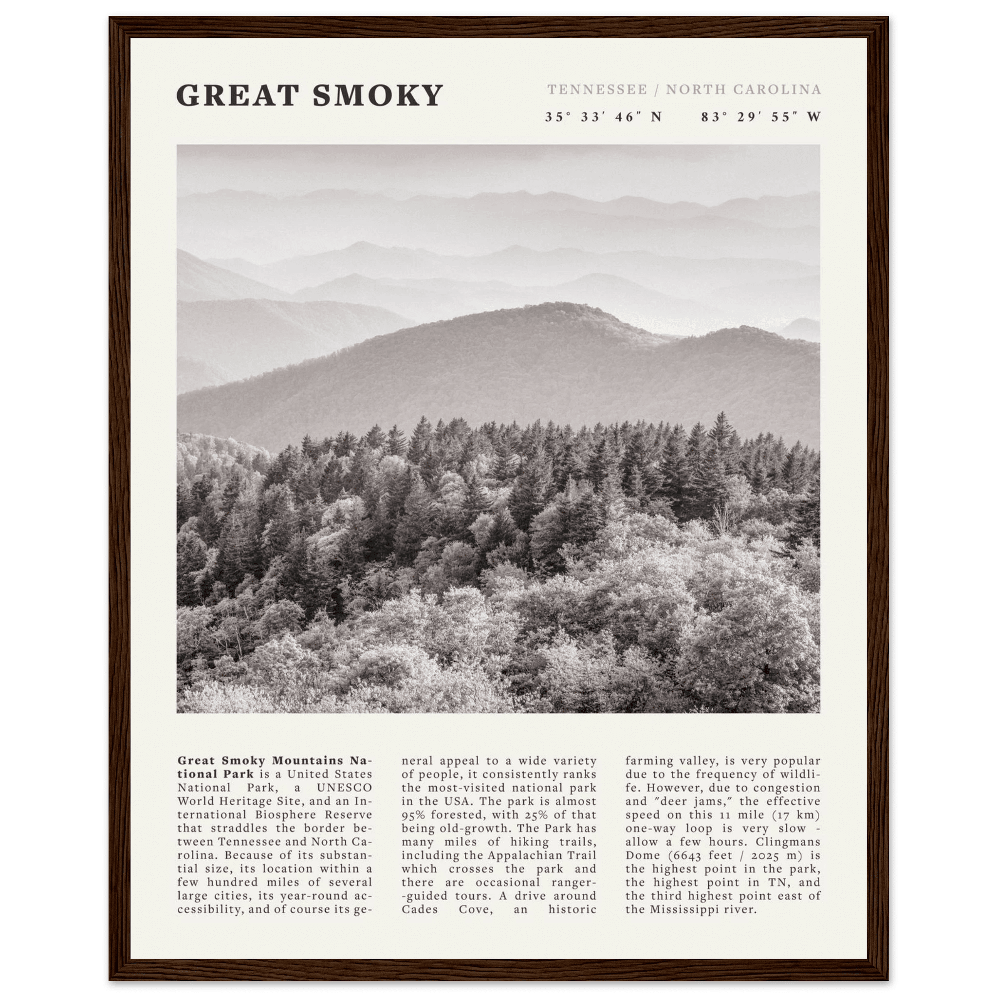 Great Smoky Mountains Poster | Black & White National Park Wall Art | Tennessee Print - Evergreen Posters
