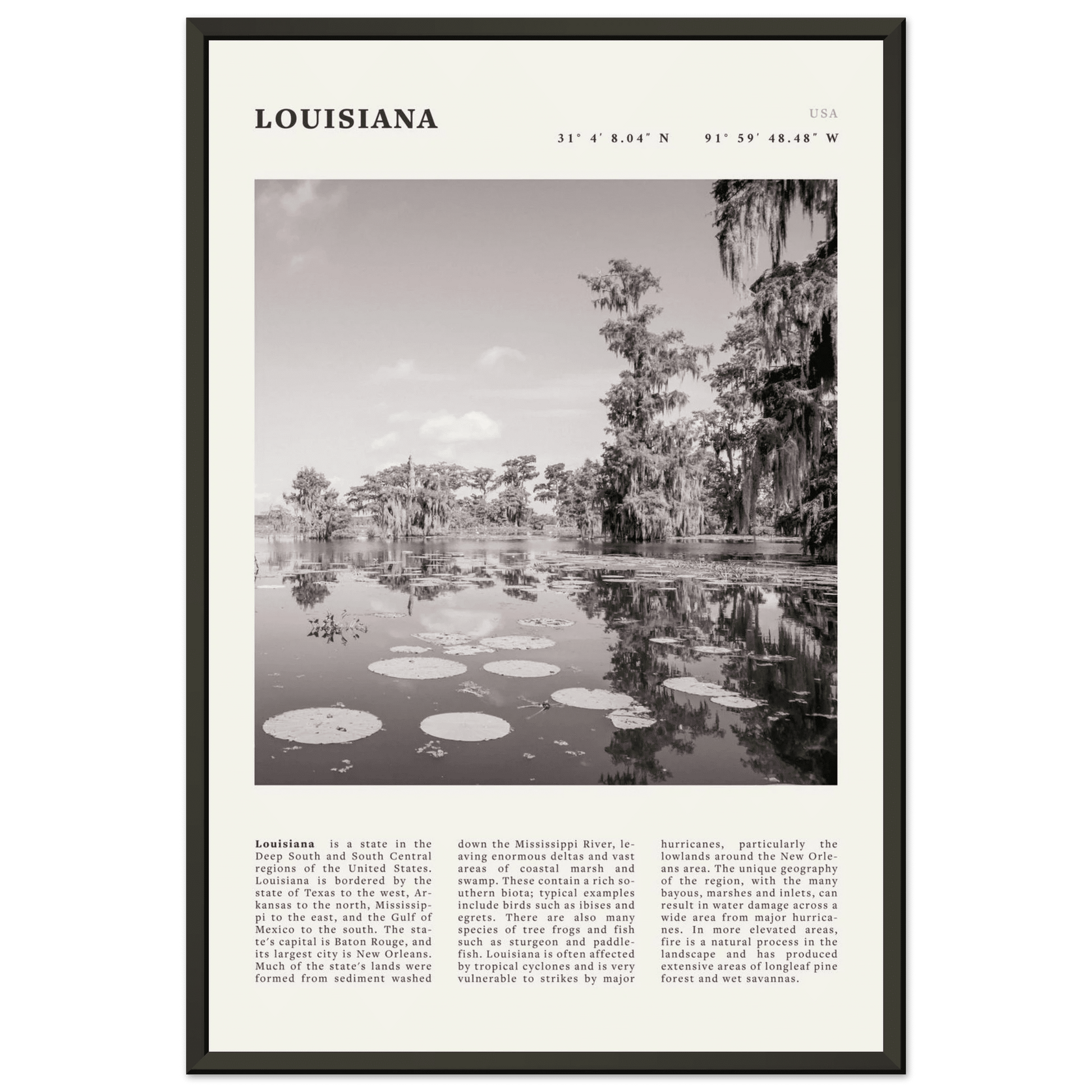 Louisiana Poster | Black & White Bayou Wall Art | Southern USA Travel Print Decor - Evergreen Posters