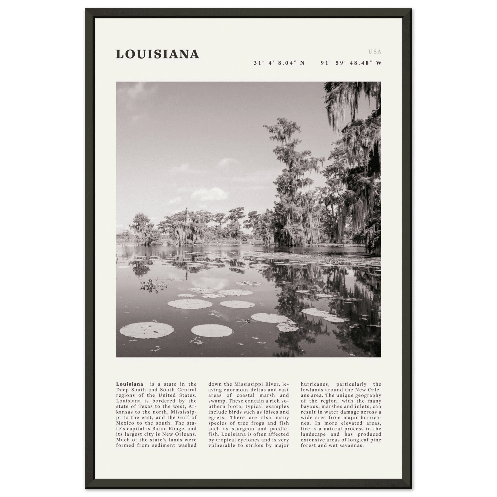 Louisiana Poster | Black & White Bayou Wall Art | Southern USA Travel Print Decor - Evergreen Posters