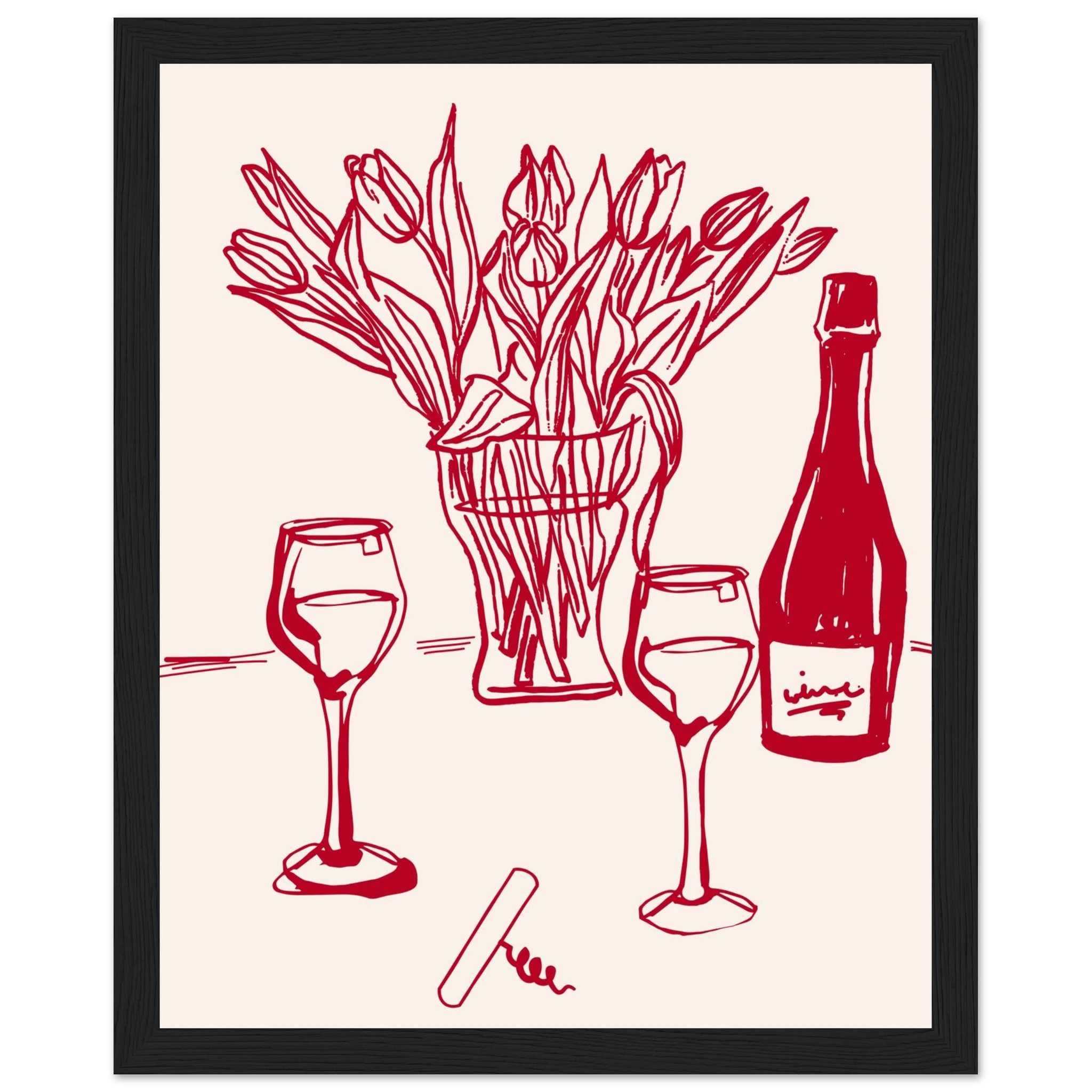 Red Wine & Tulips Print | Line Art Wine Bottle Wall Art | Kitchen Poster - Evergreen Posters