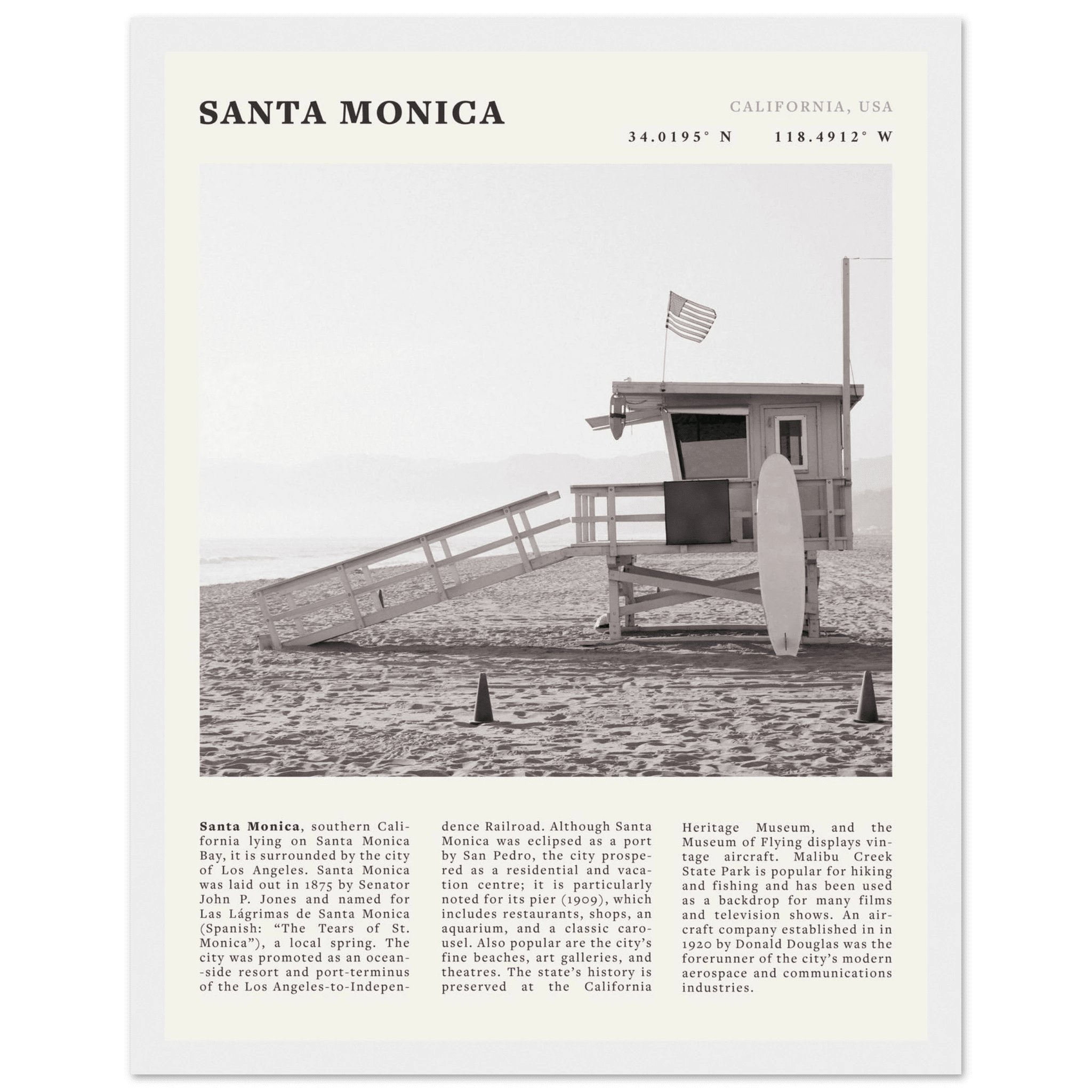Santa Monica Poster | Black & White California Wall Art | Beach Travel Print | Coastal Decor - Evergreen Posters