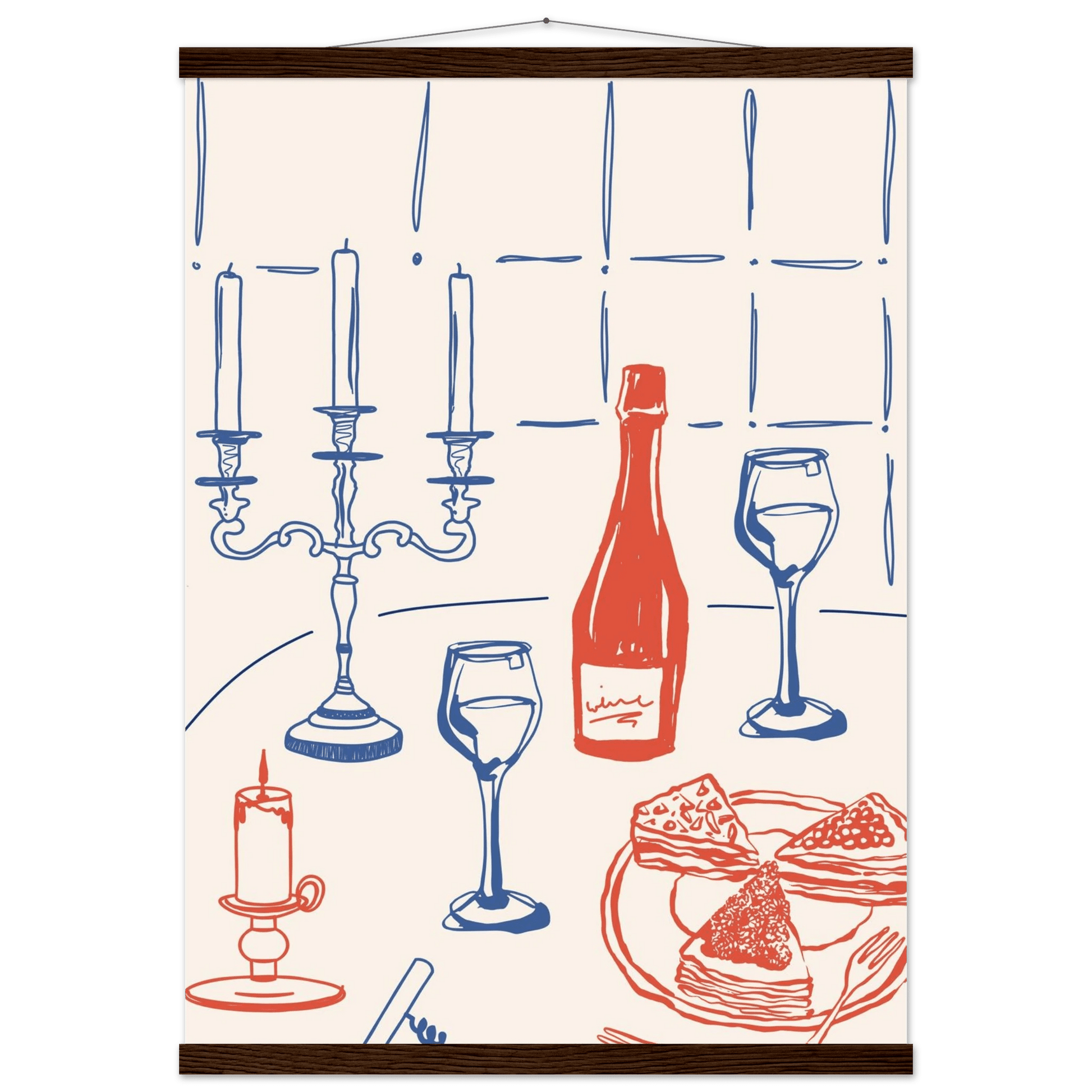 Candlelight Dinner Print | Wine & Candelabra Line Art Wall Art | Kitchen Poster - Evergreen Posters