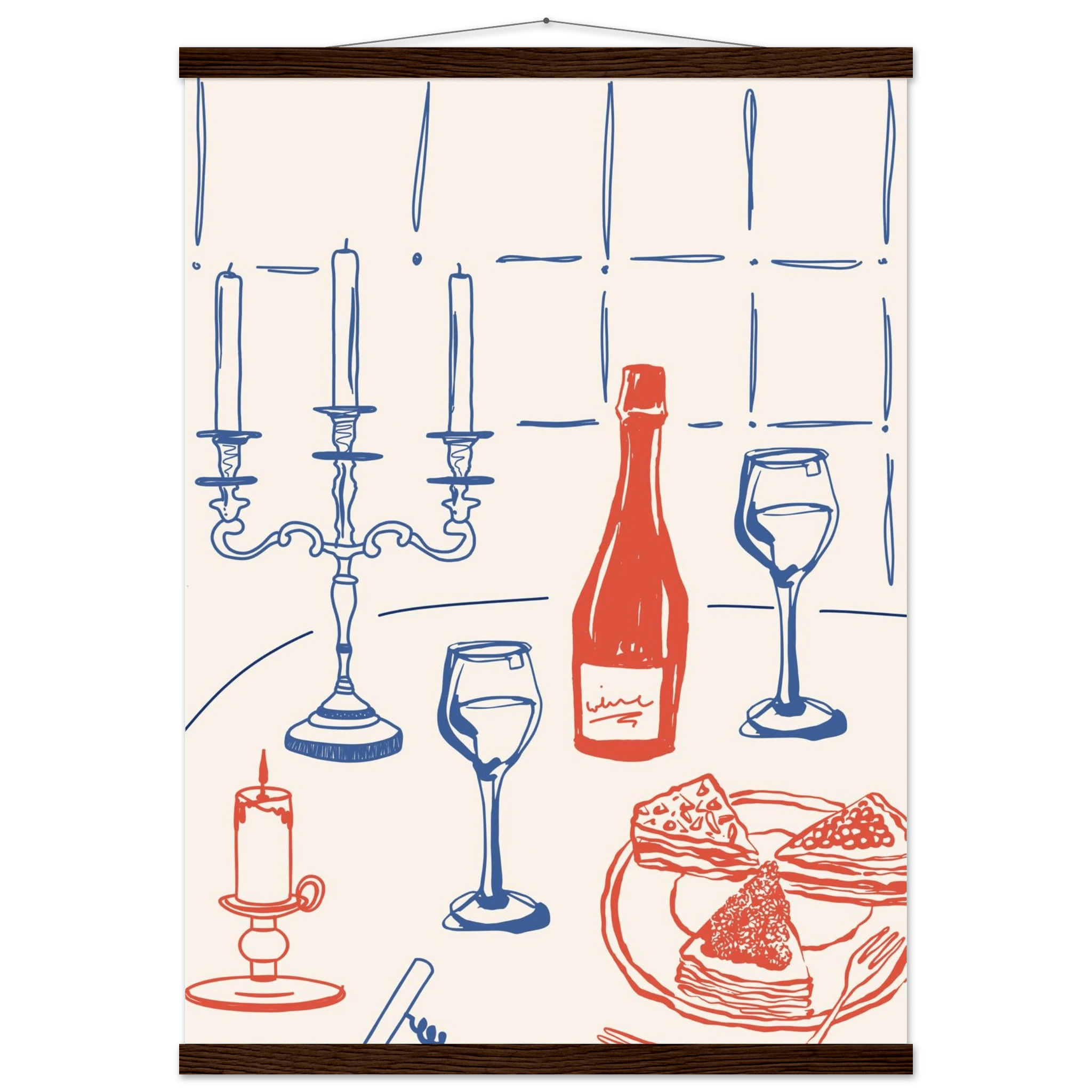 Candlelight Dinner Print | Wine & Candelabra Line Art Wall Art | Kitchen Poster - Evergreen Posters