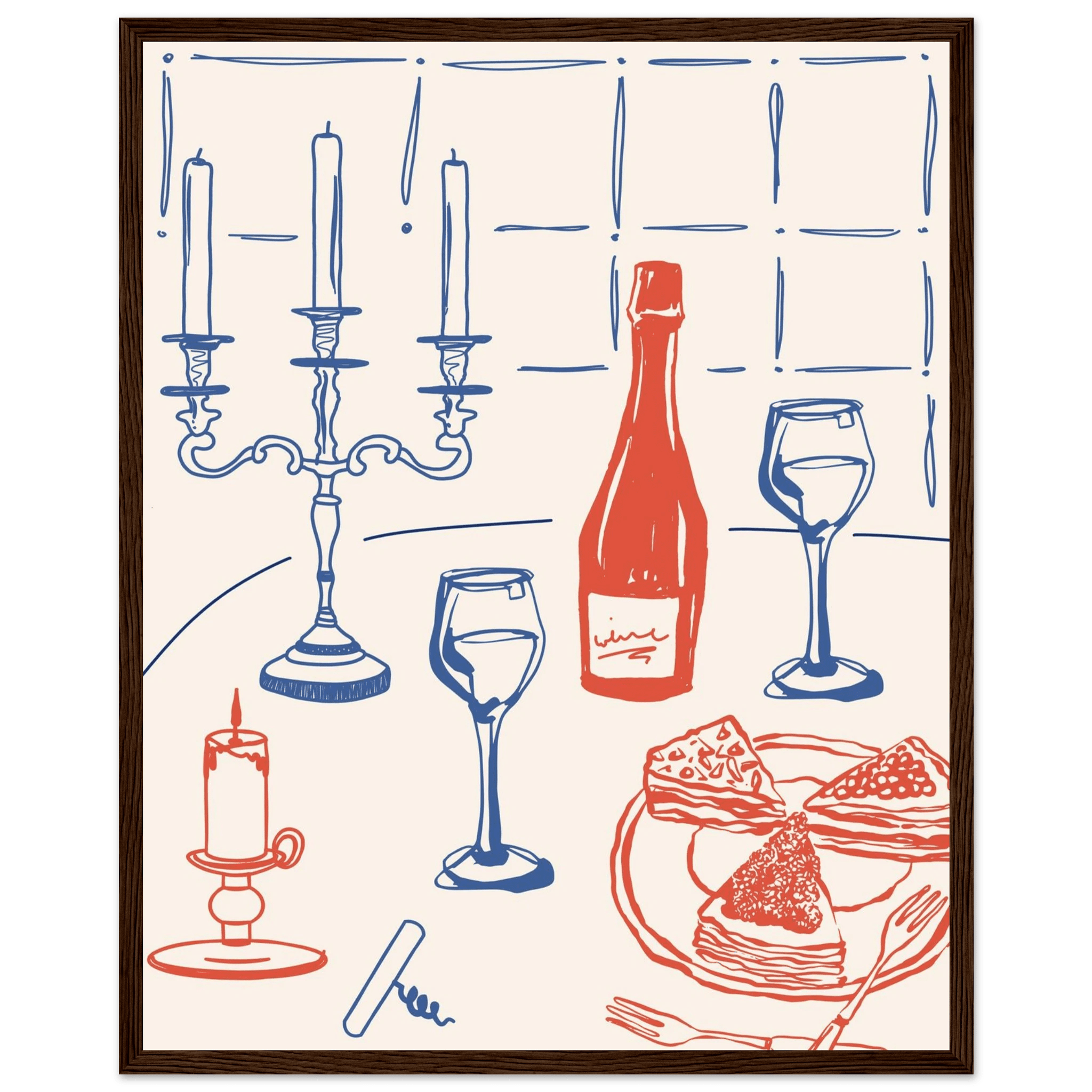 Candlelight Dinner Print | Wine & Candelabra Line Art Wall Art | Kitchen Poster - Evergreen Posters