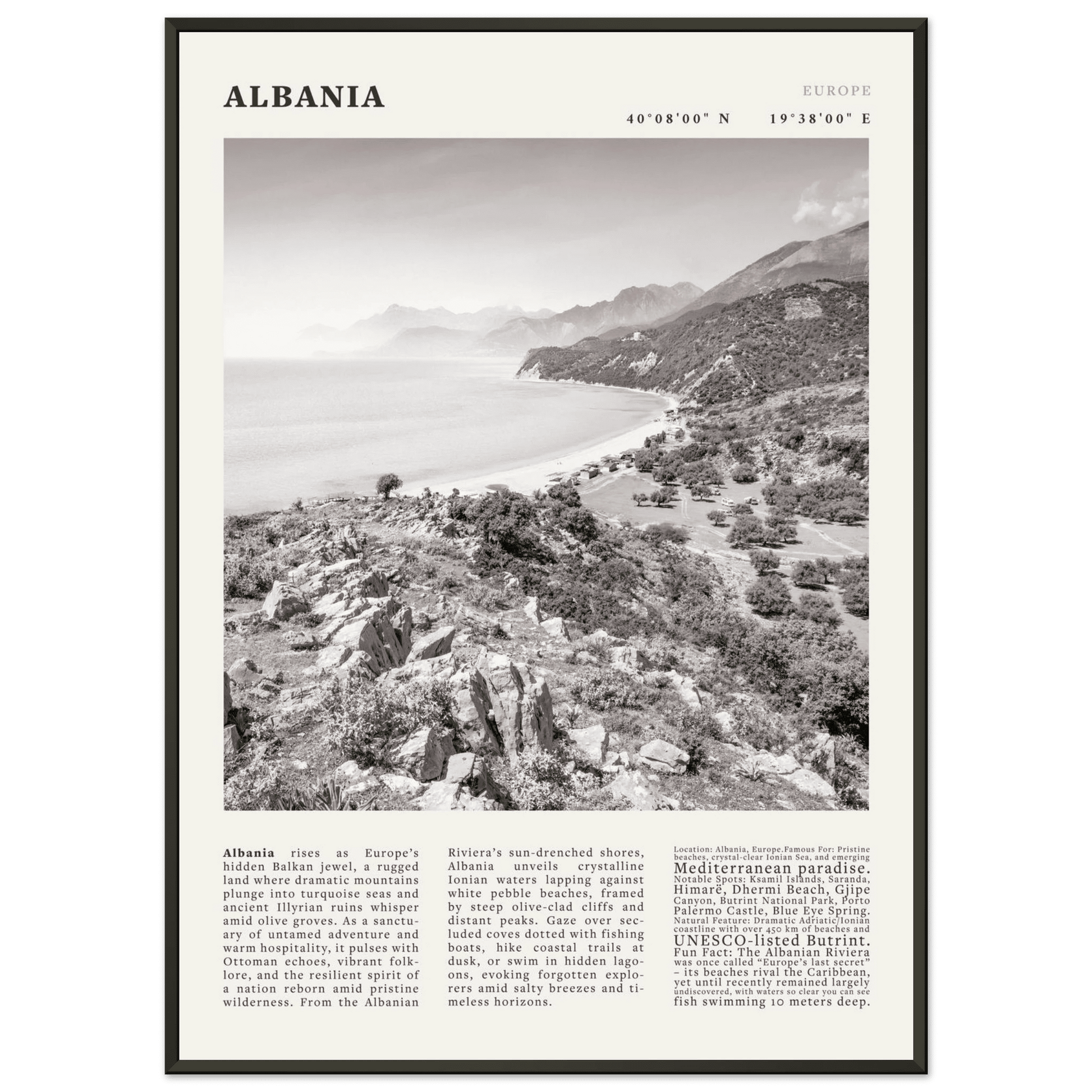 Albania Poster Black and White – Vintage Albanian Riviera Travel Print (Digital & Printed Options) - Evergreen Posters