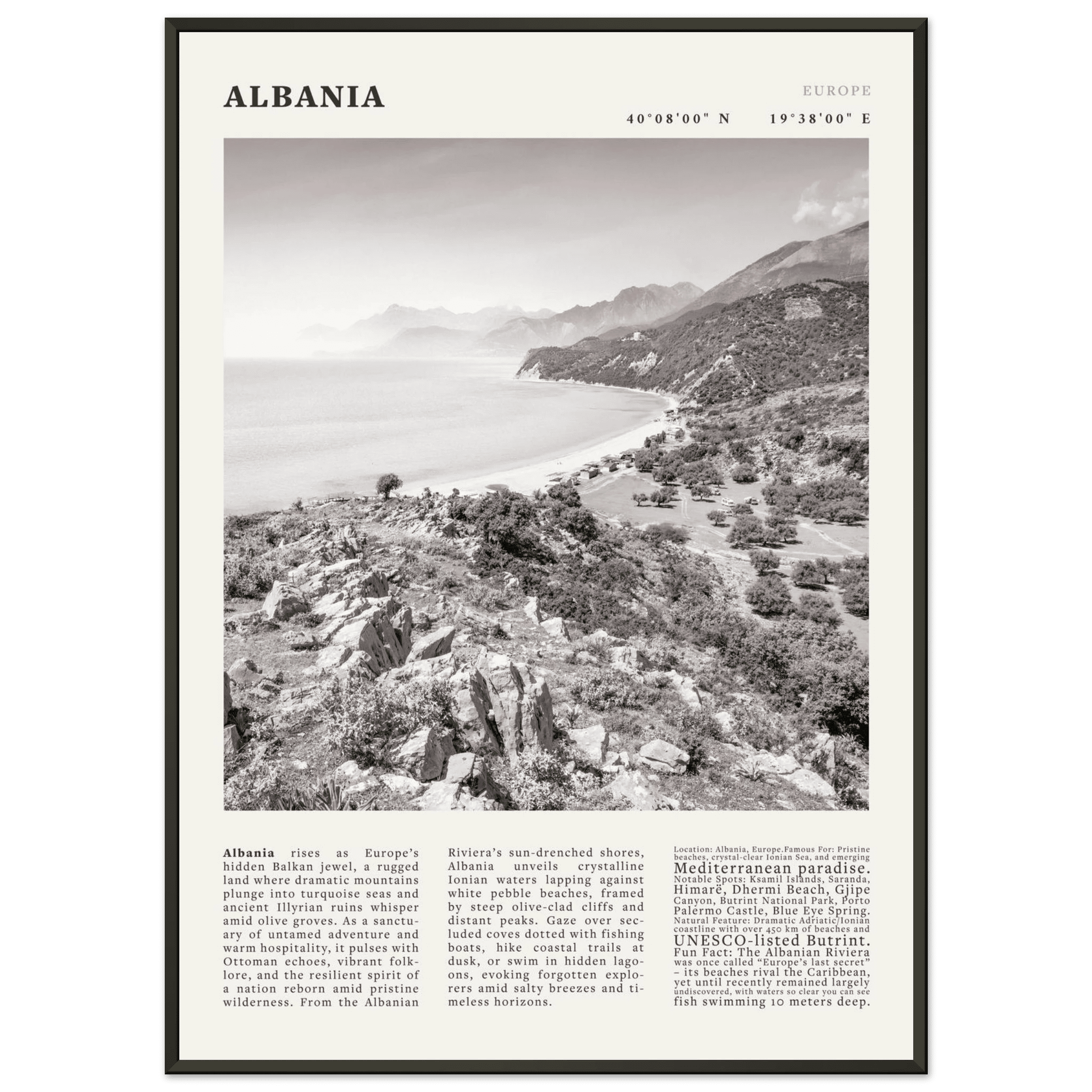 Albania Poster Black and White – Vintage Albanian Riviera Travel Print (Digital & Printed Options) - Evergreen Posters
