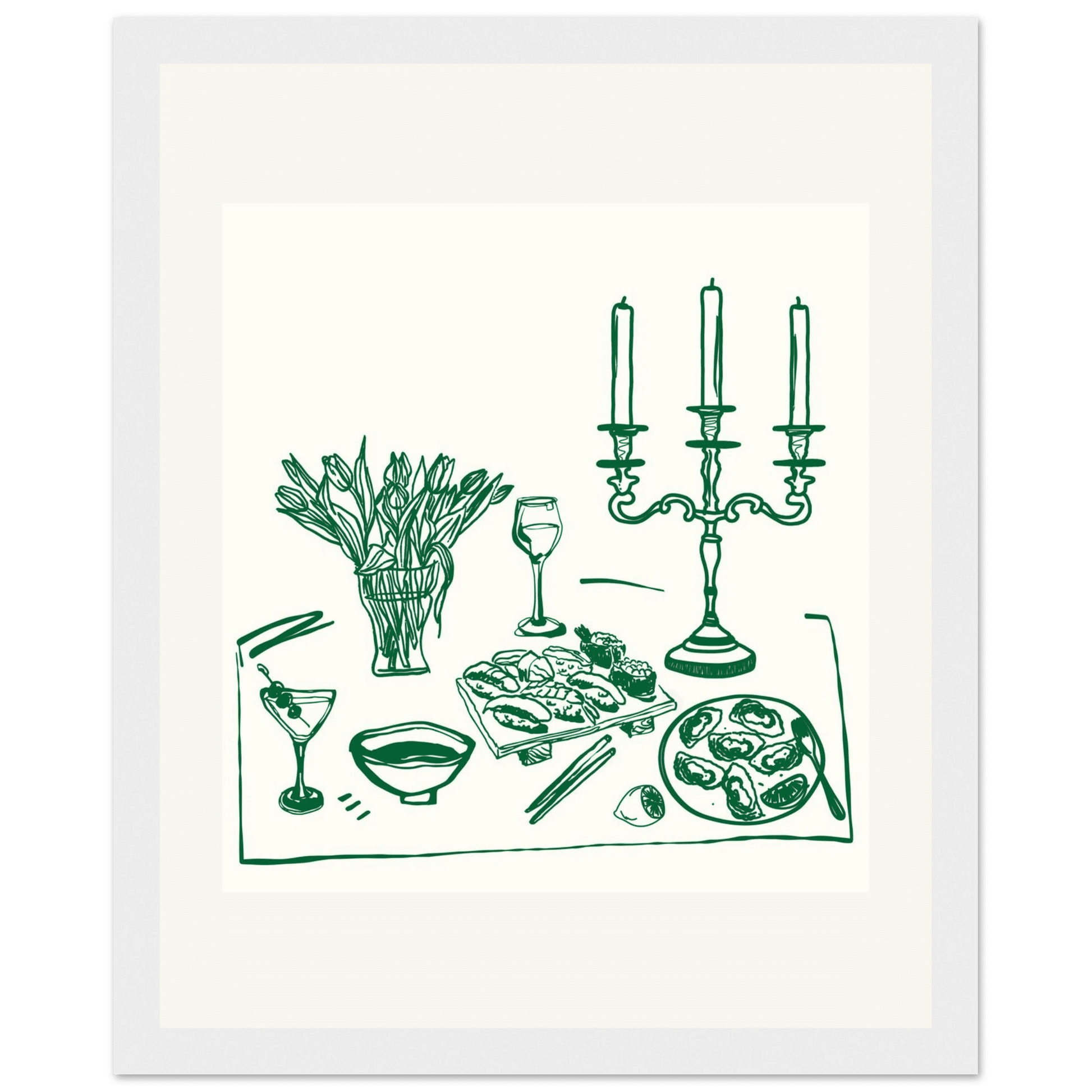 Fine Dining Table Print | Green Line Art Kitchen Wall Art | Elegant Dining Room Poster - Evergreen Posters