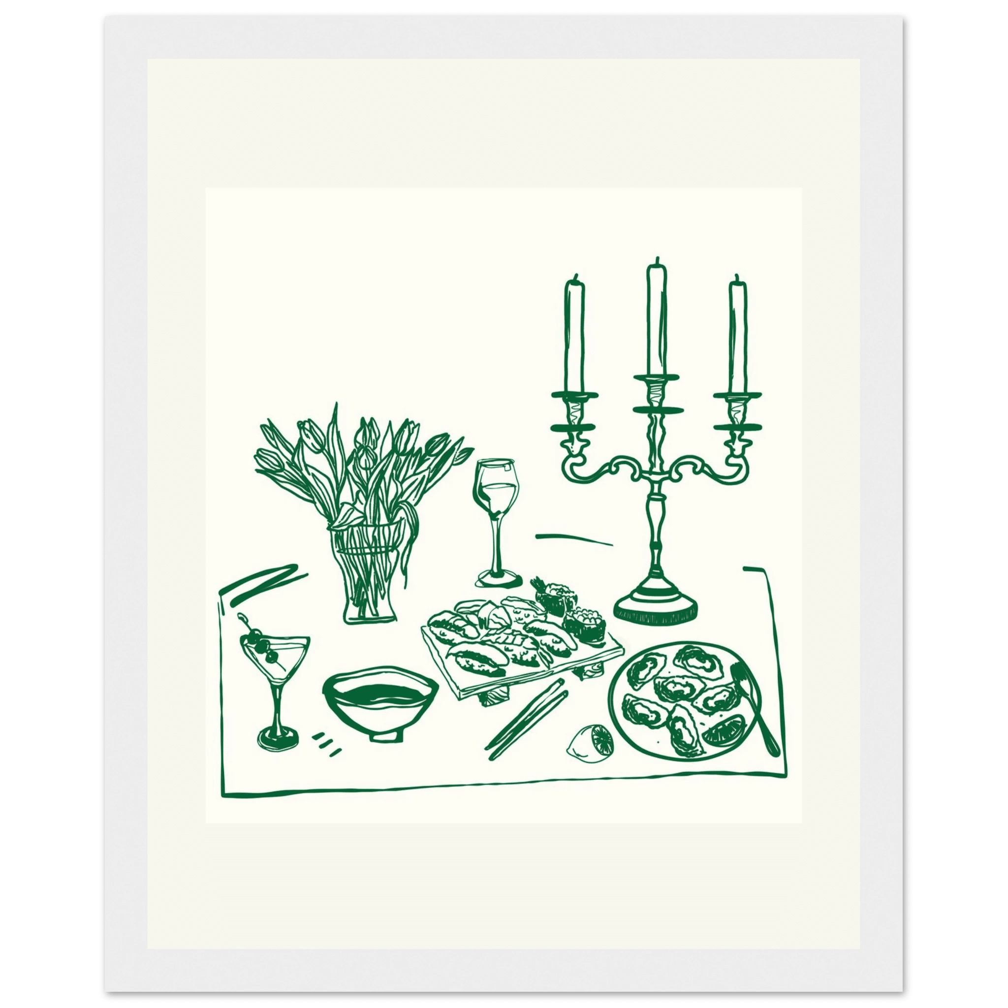 Fine Dining Table Print | Green Line Art Kitchen Wall Art | Elegant Dining Room Poster - Evergreen Posters