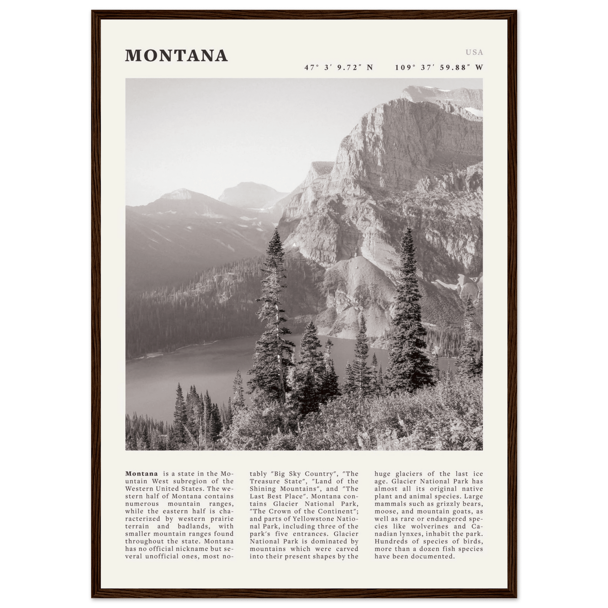 Montana Poster | Black & White Glacier National Park Wall Art | Nature Travel Print - Evergreen Posters