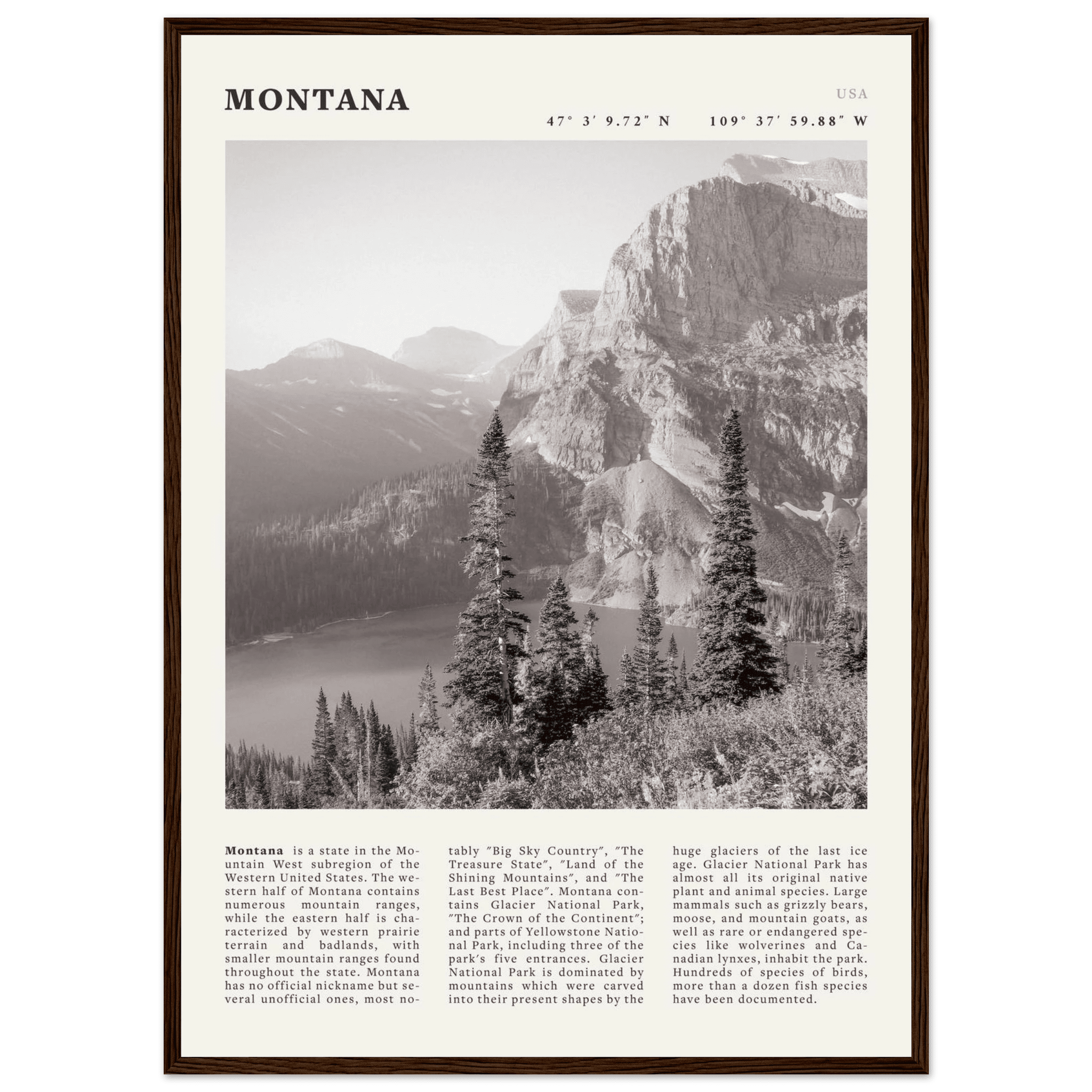Montana Poster | Black & White Glacier National Park Wall Art | Nature Travel Print - Evergreen Posters