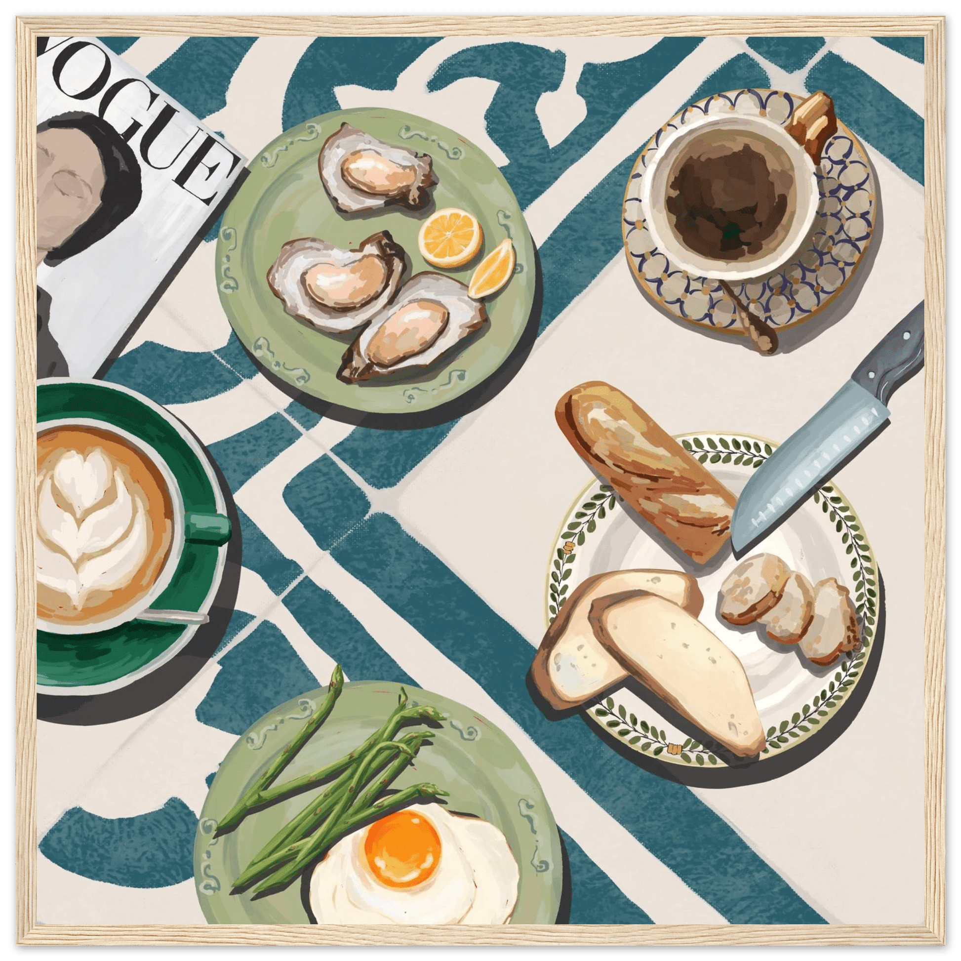 Oysters & Vogue Brunch Poster | Luxury Kitchen Wall Art | Blue Tile Square Print - Evergreen Posters - 12
