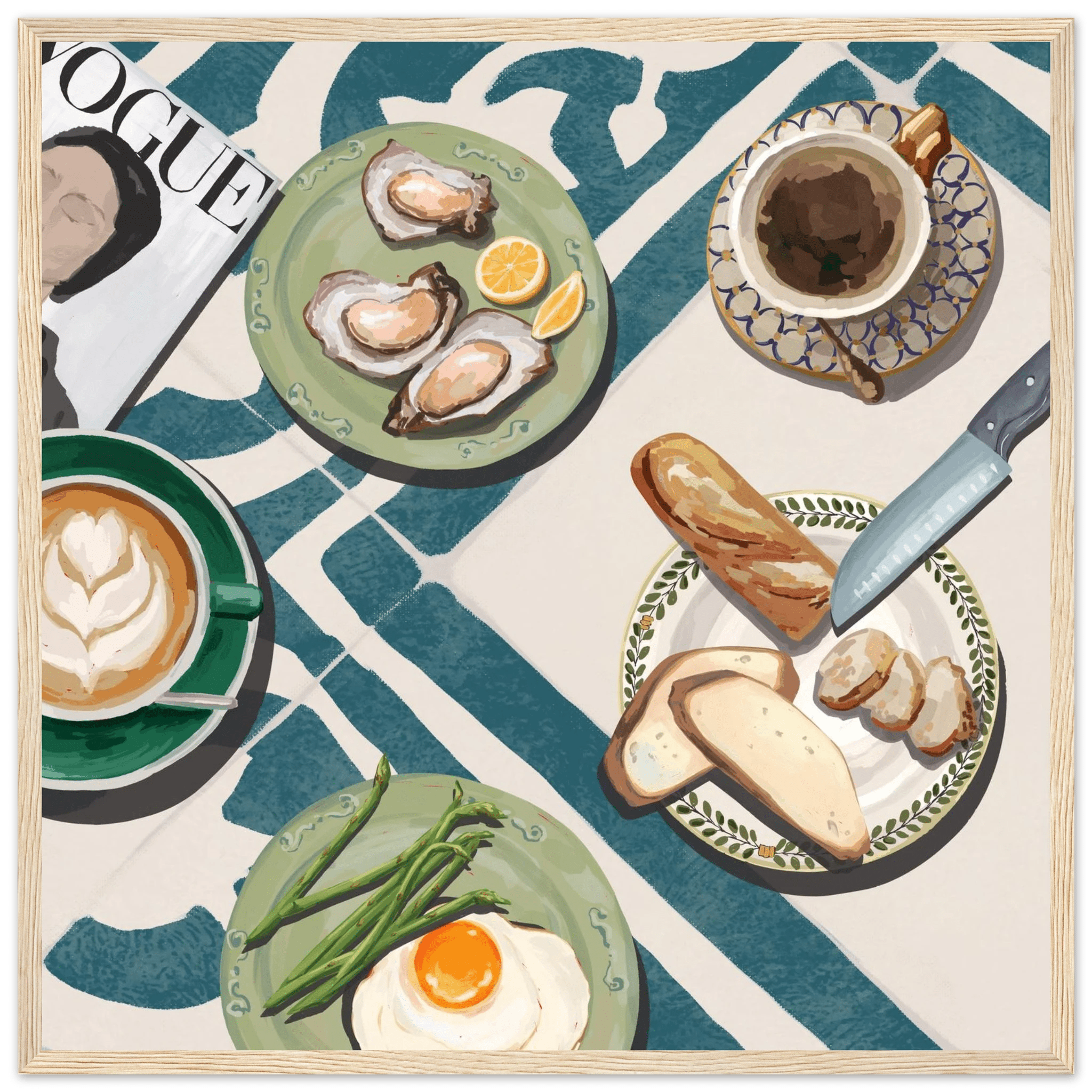 Oysters & Vogue Brunch Poster | Luxury Kitchen Wall Art | Blue Tile Square Print - Evergreen Posters - 12