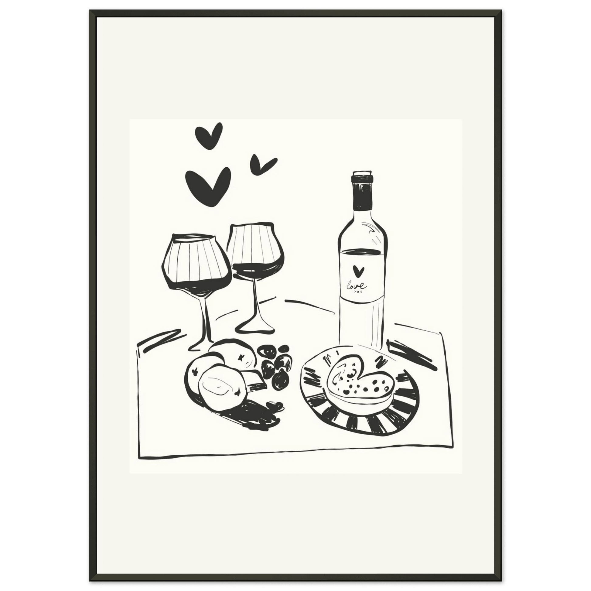 Wine for Two Print | Black Line Art Romantic Kitchen Wall Art | Couples Poster - Evergreen Posters