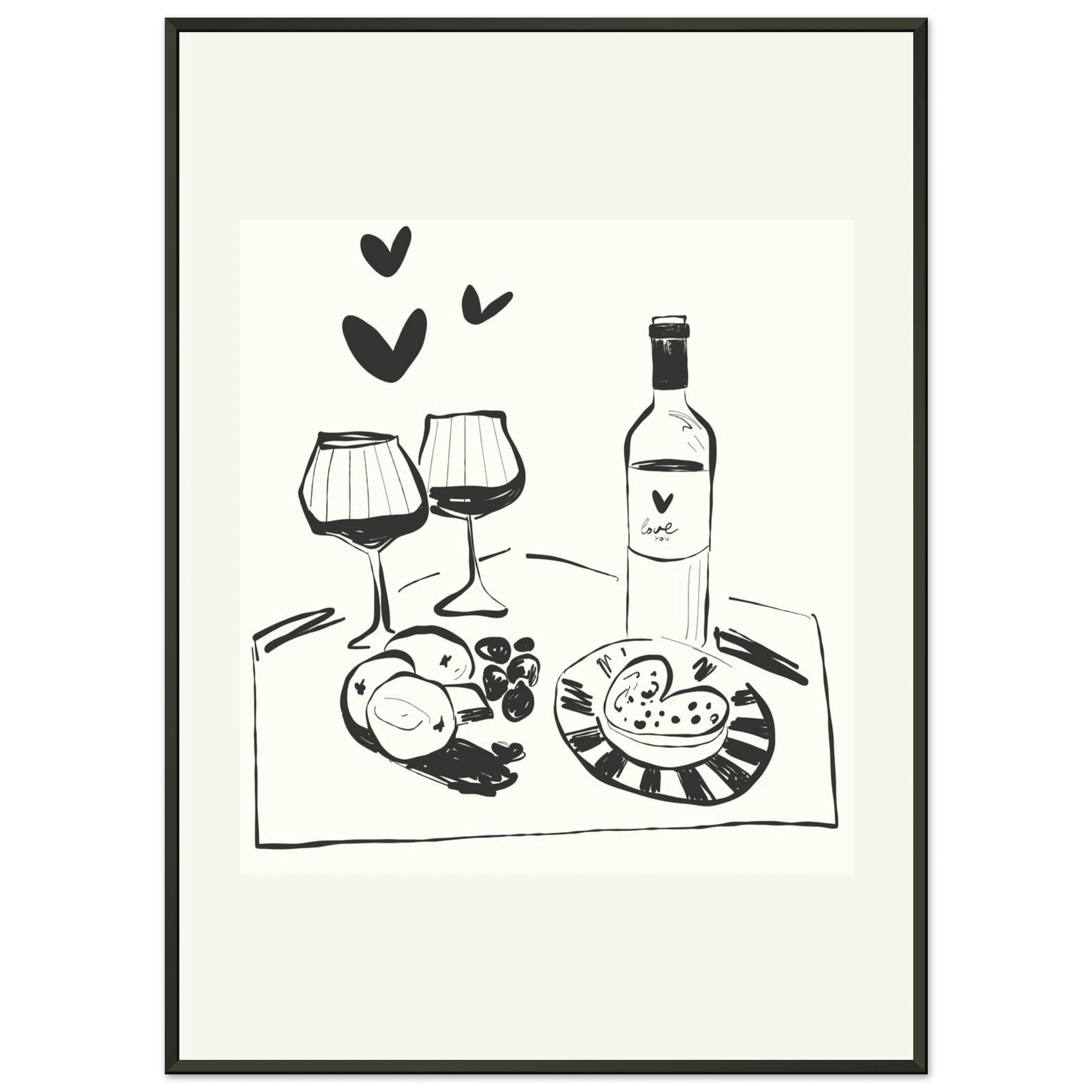 Wine for Two Print | Black Line Art Romantic Kitchen Wall Art | Couples Poster - Evergreen Posters