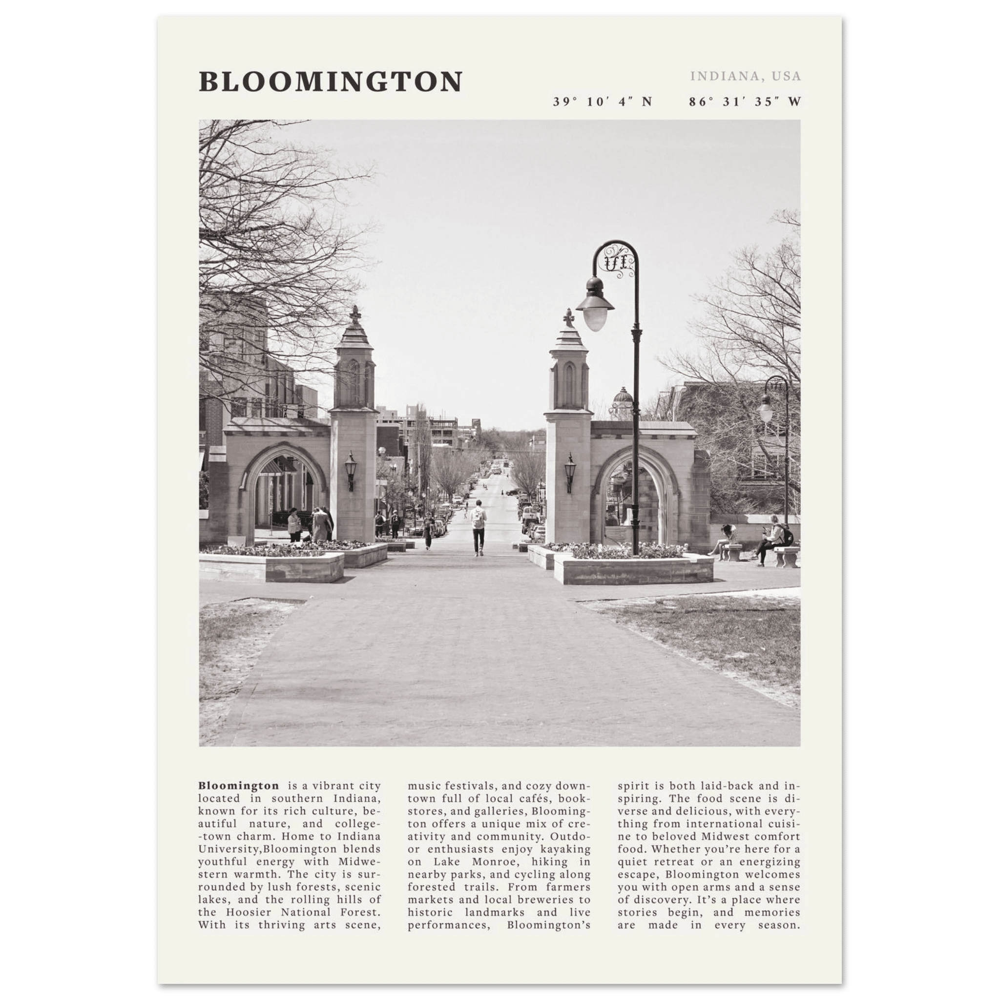Bloomington Indiana Black and White Vintage Poster - Evergreen Posters