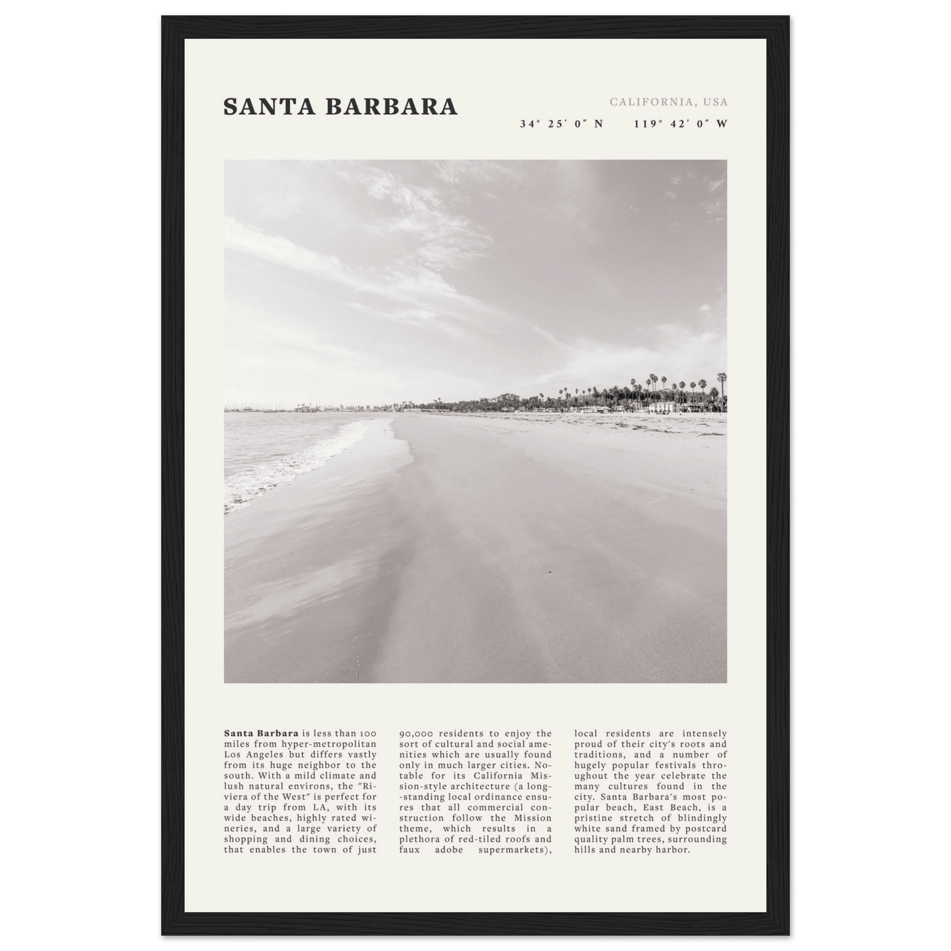 Santa Barbara Poster | Black & White California Beach Wall Art | CA Travel Print - Evergreen Posters