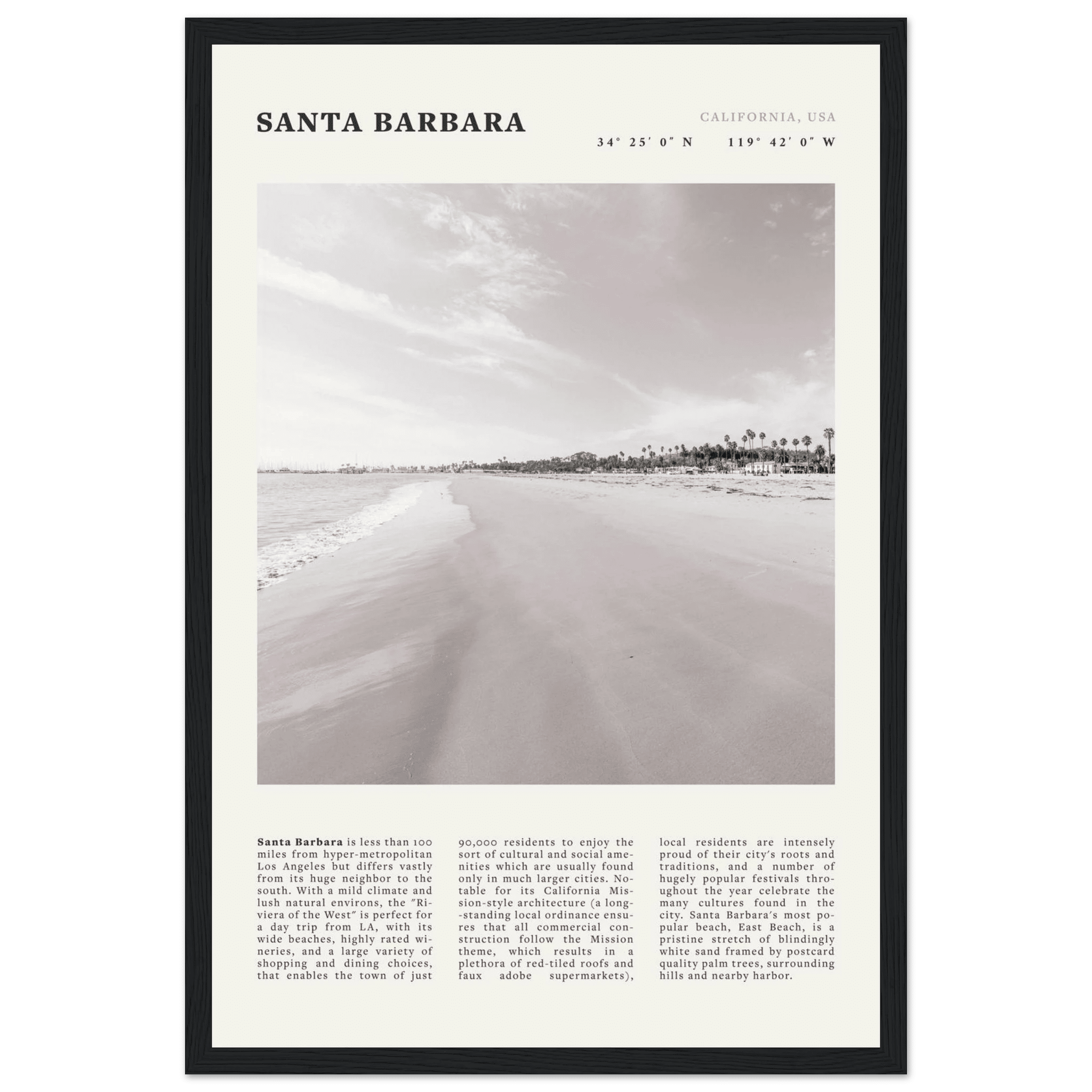 Santa Barbara Poster | Black & White California Beach Wall Art | CA Travel Print - Evergreen Posters