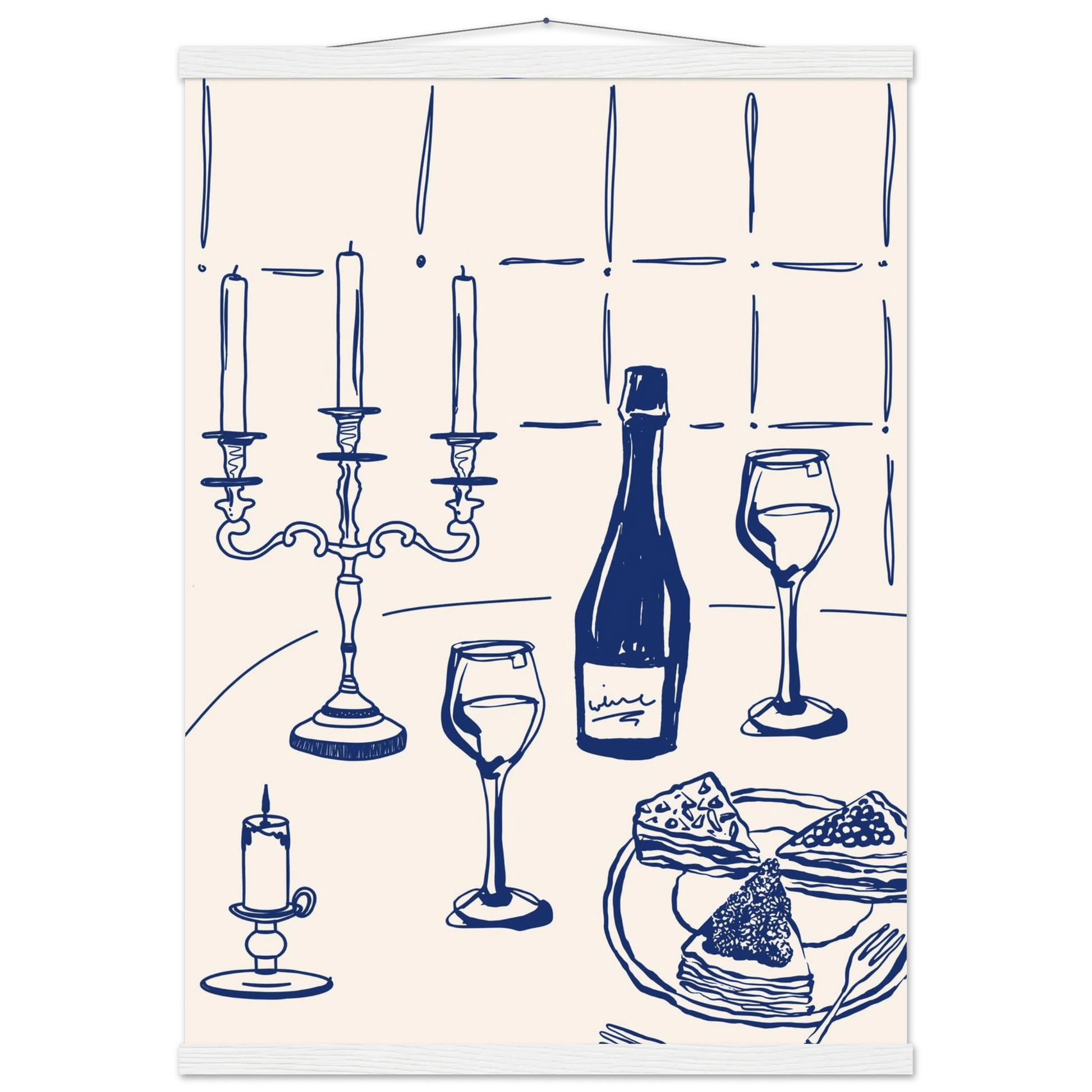 Candlelight Dinner Print | Navy Blue Wine & Candelabra Line Art | Kitchen Poster - Evergreen Posters