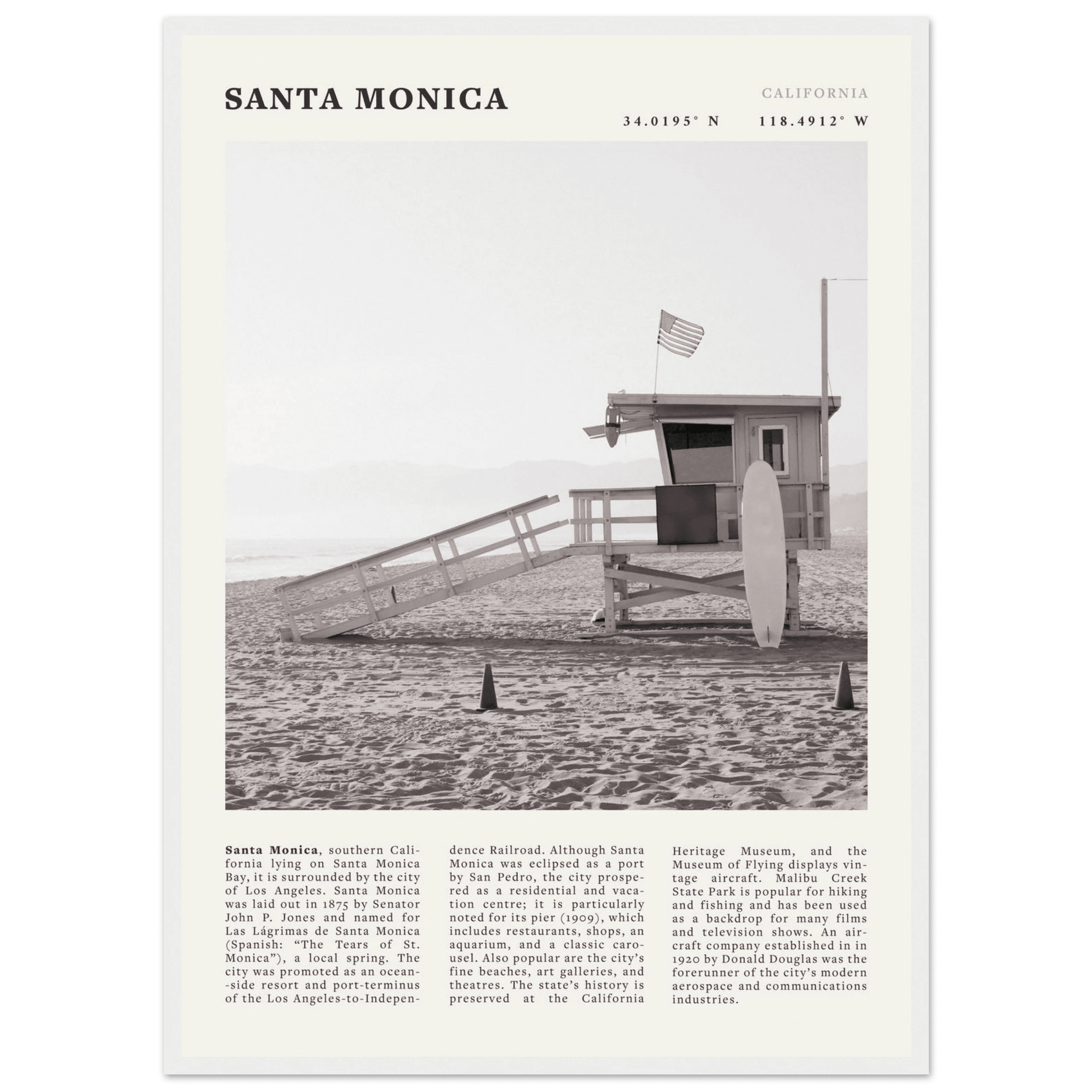 Santa Monica Poster | Black & White California Wall Art | Beach Travel Print | Coastal Decor - Evergreen Posters