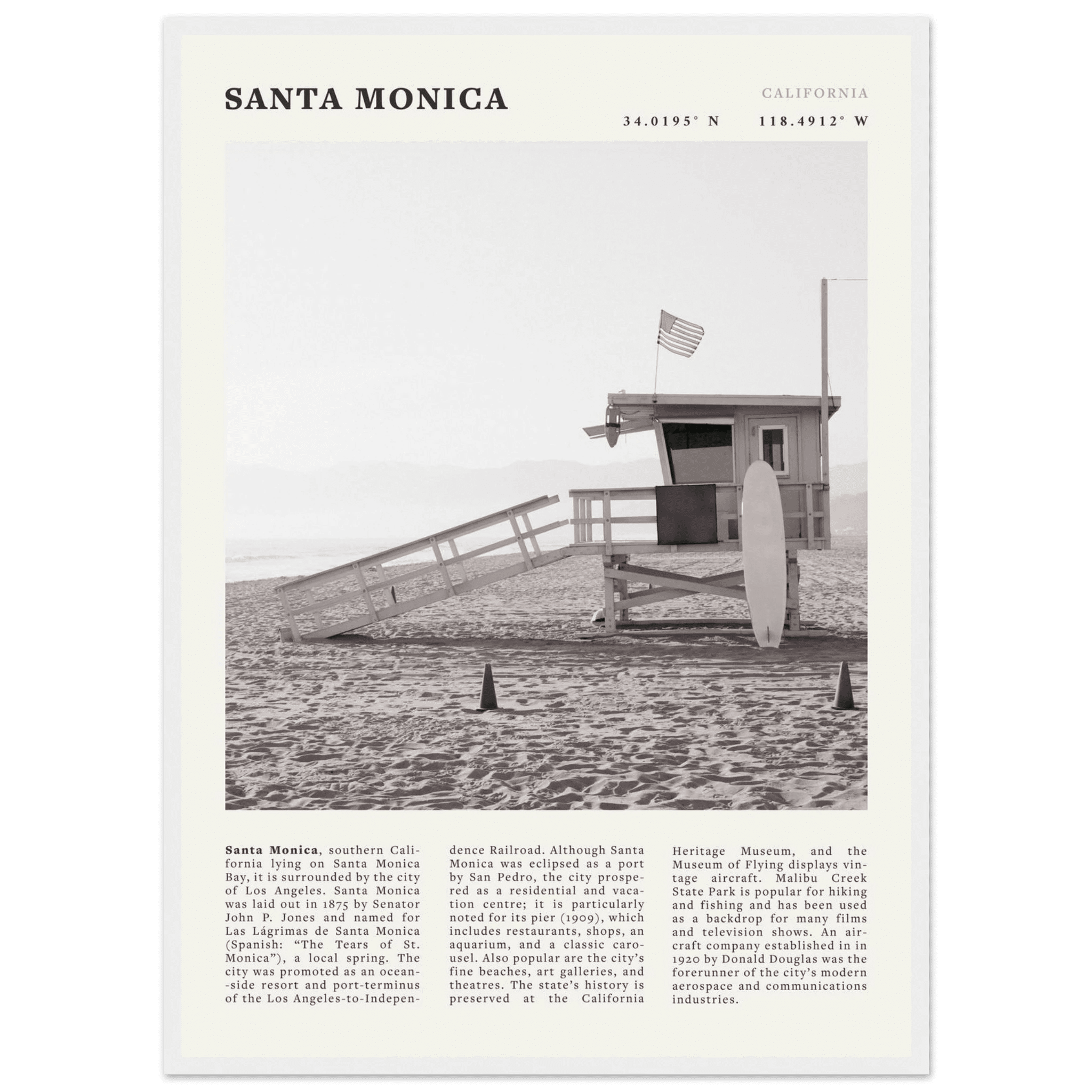Santa Monica Poster | Black & White California Wall Art | Beach Travel Print | Coastal Decor - Evergreen Posters