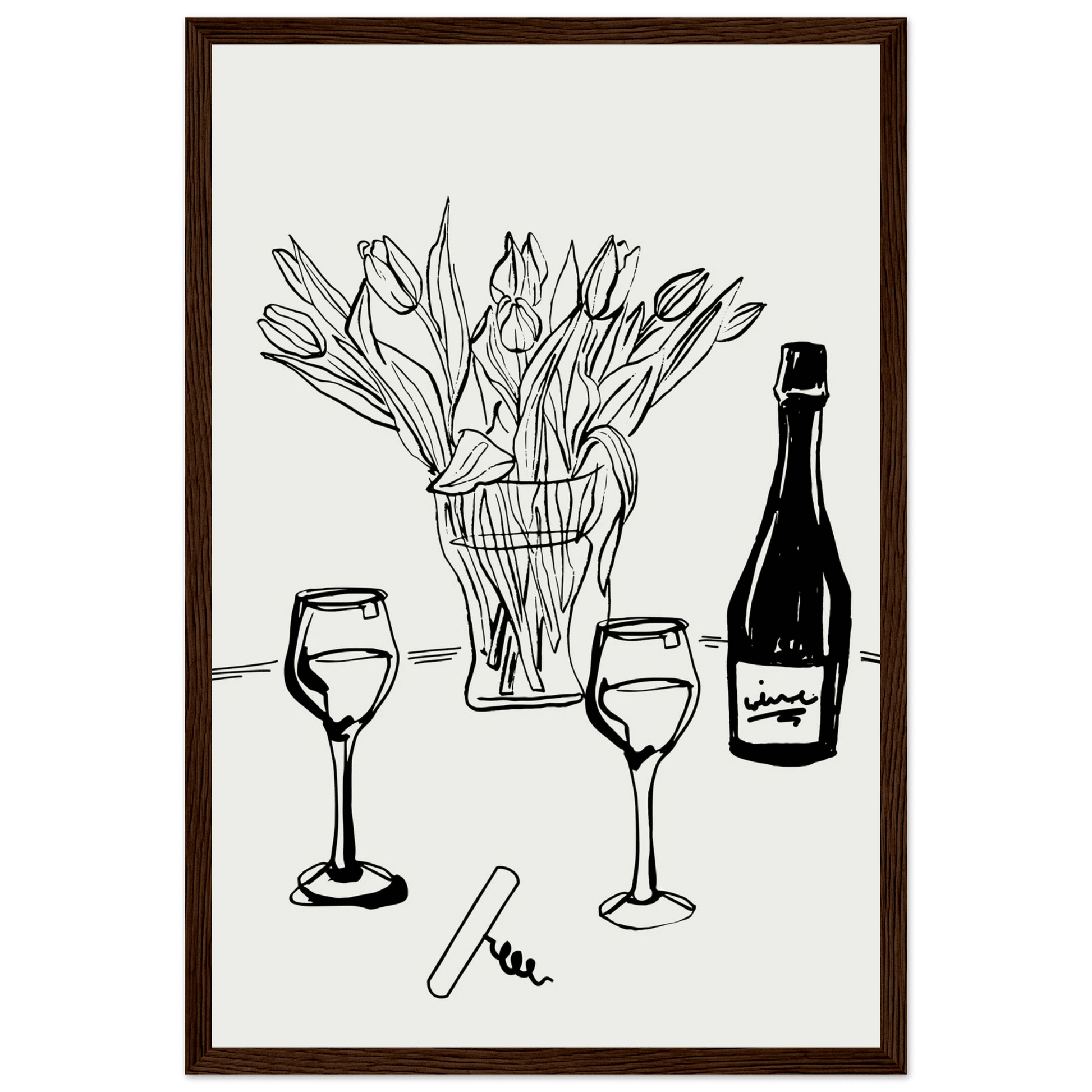 Wine & Tulips Print | Black Line Art Wine Bottle Wall Art | Minimalist Kitchen Poster - Evergreen Posters