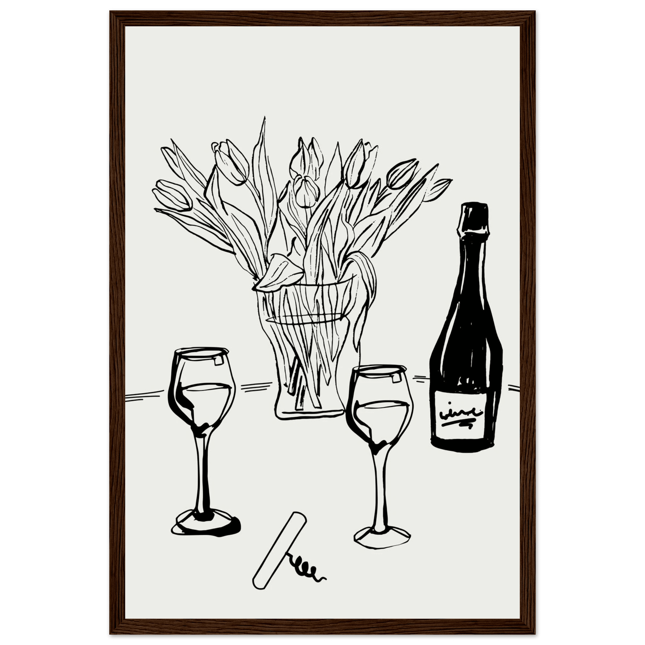 Wine & Tulips Print | Black Line Art Wine Bottle Wall Art | Minimalist Kitchen Poster - Evergreen Posters