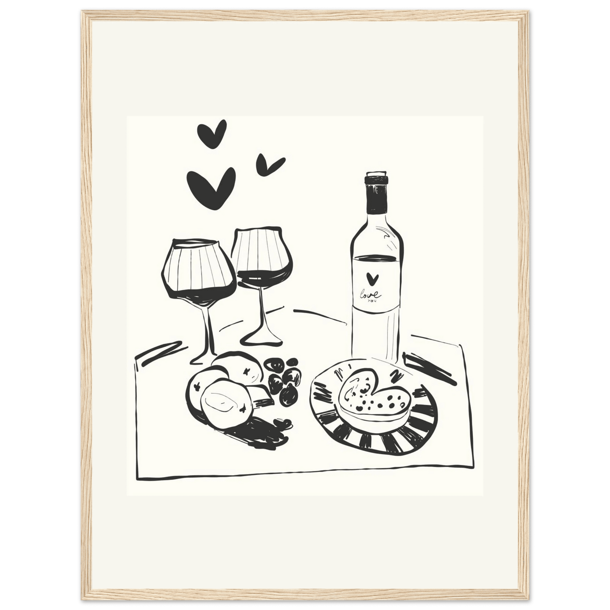 Wine for Two Print | Black Line Art Romantic Kitchen Wall Art | Couples Poster - Evergreen Posters