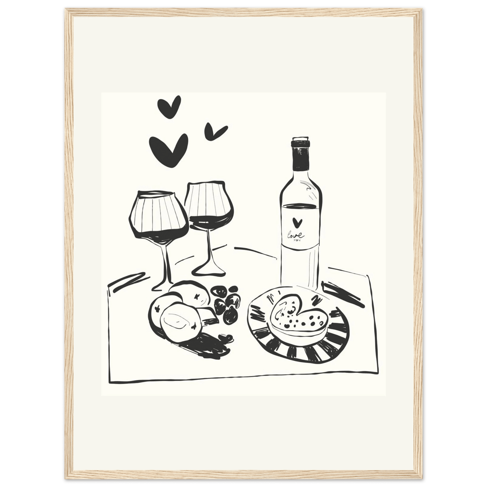 Wine for Two Print | Black Line Art Romantic Kitchen Wall Art | Couples Poster - Evergreen Posters